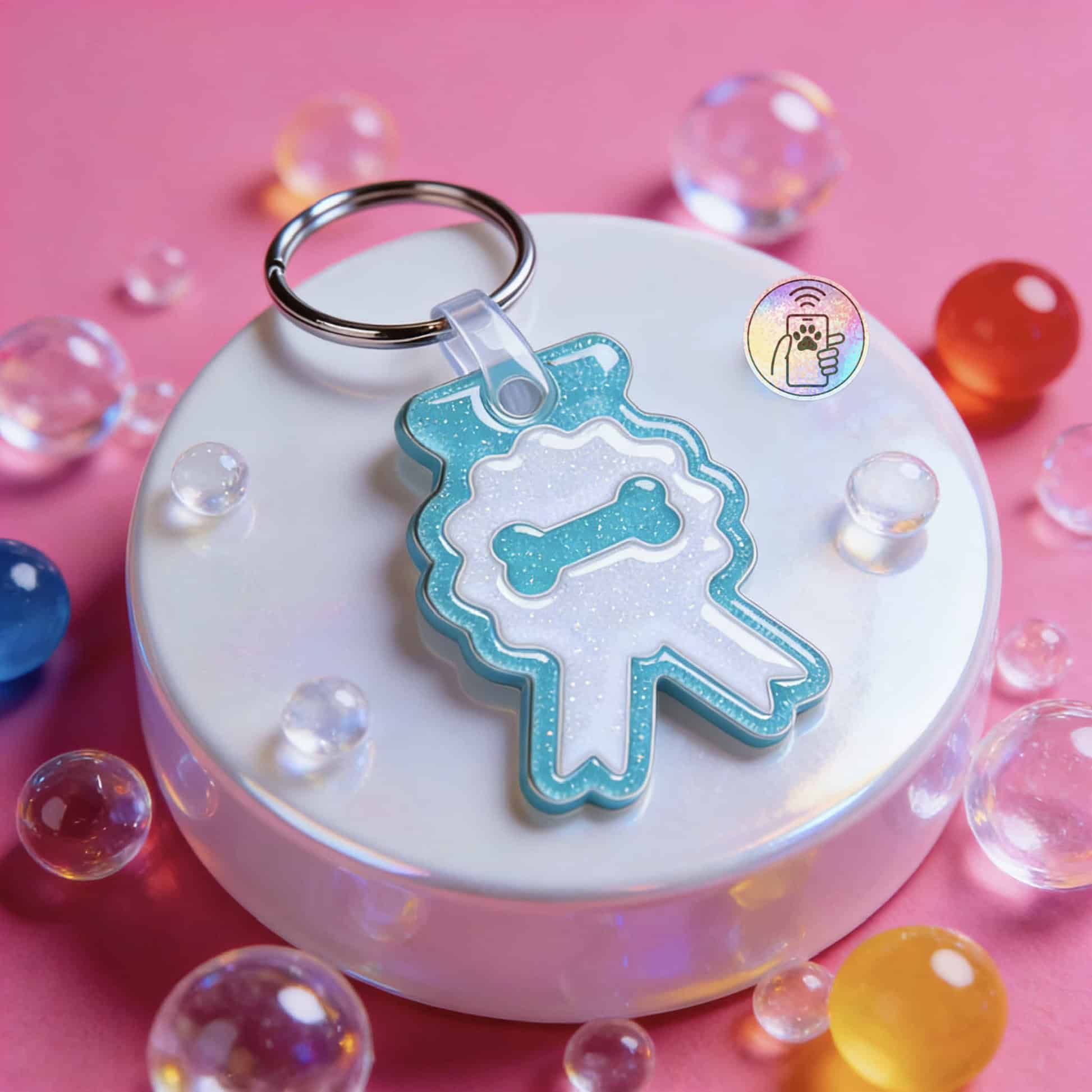 NFC pet ID tag shaped like a unicorn for dogs and cats, made of durable designer acrylic — Shiloh's House smart NFC pet tag with free companion Lohji app.