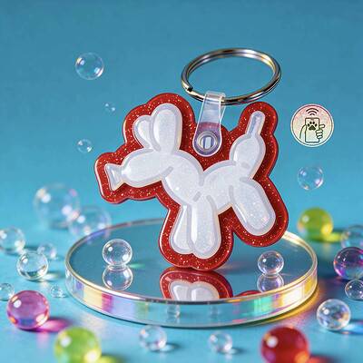 NFC pet ID tag shaped like a bunny with red and white glitter design, perfect for dogs and cats.