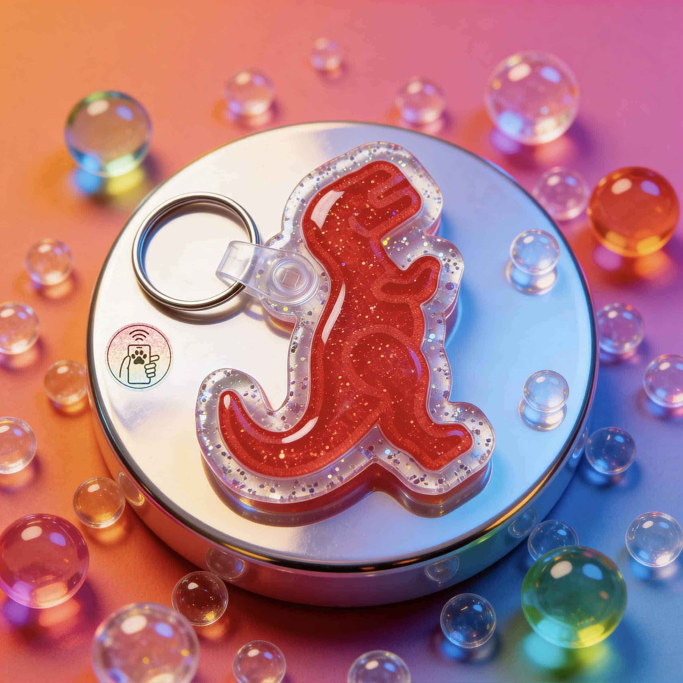 Red glitter dinosaur-shaped NFC pet ID tag on a reflective surface with colorful glass beads.