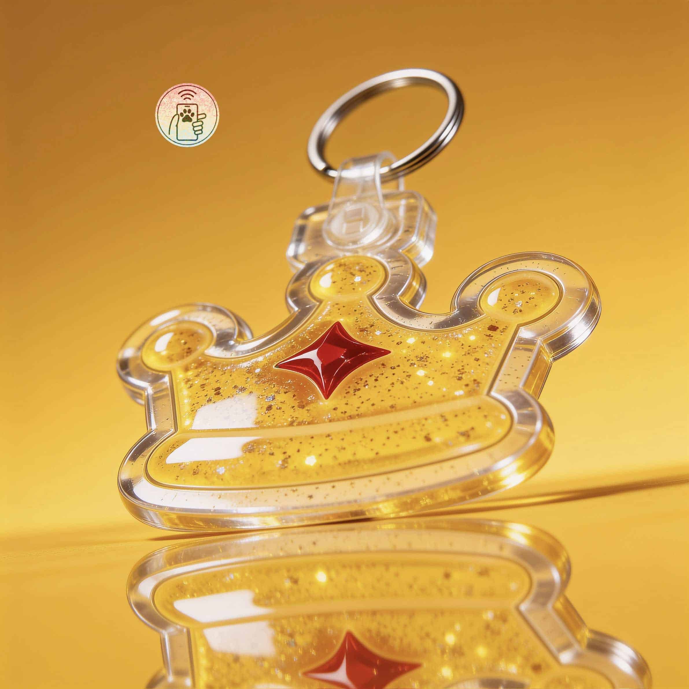 Clear acrylic pet ID tag shaped like a crown with gold glitter and red star, for dogs and cats.