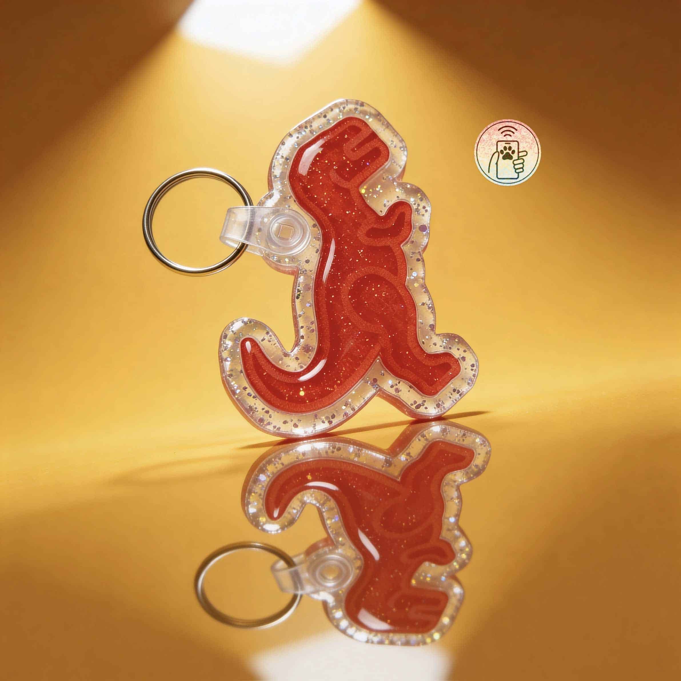 Bright red neon gecko-shaped NFC pet ID tag with clear border and keyring attachment.