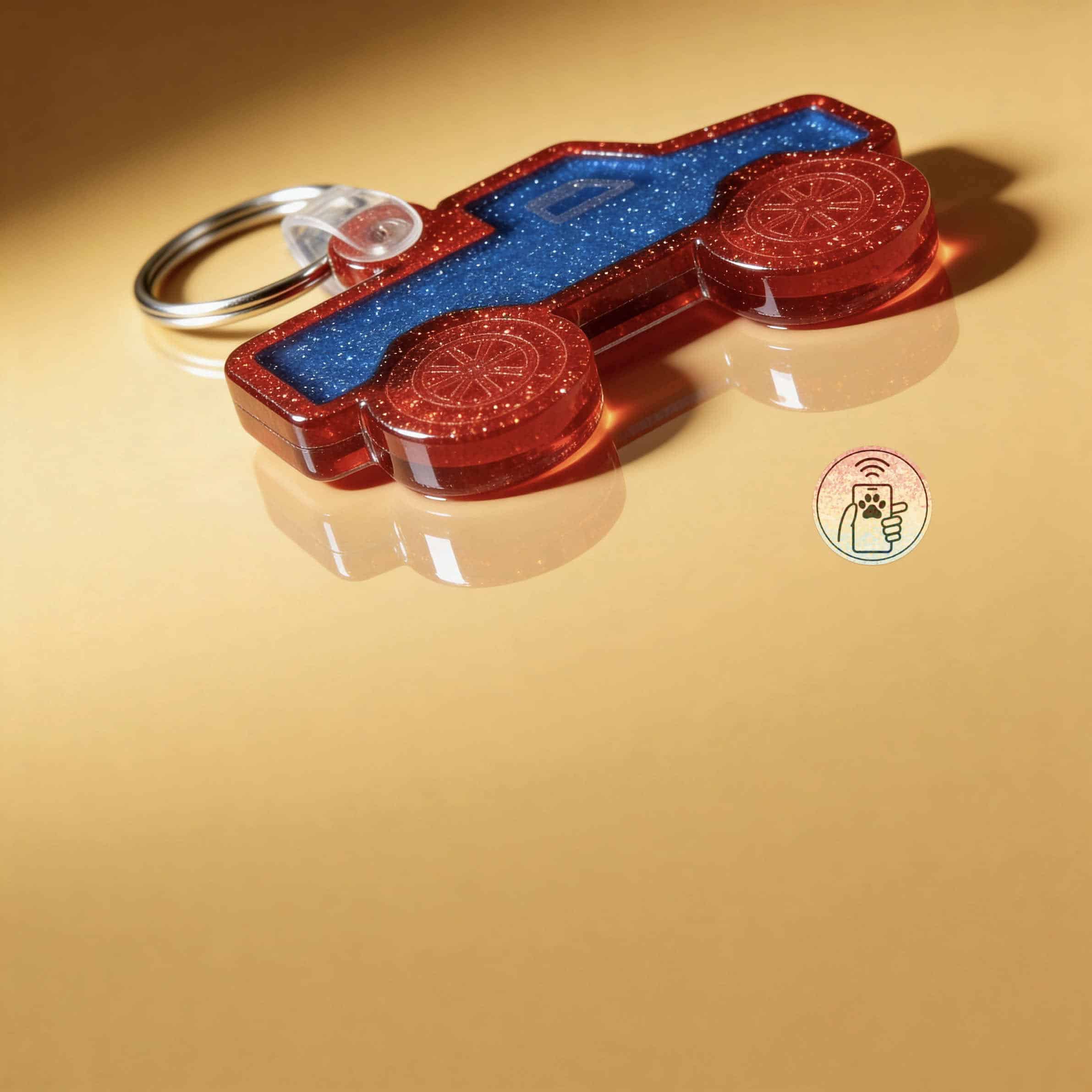 NFC pet ID tag shaped like a red car with a blue interior and keyring, designed for dogs and cats.