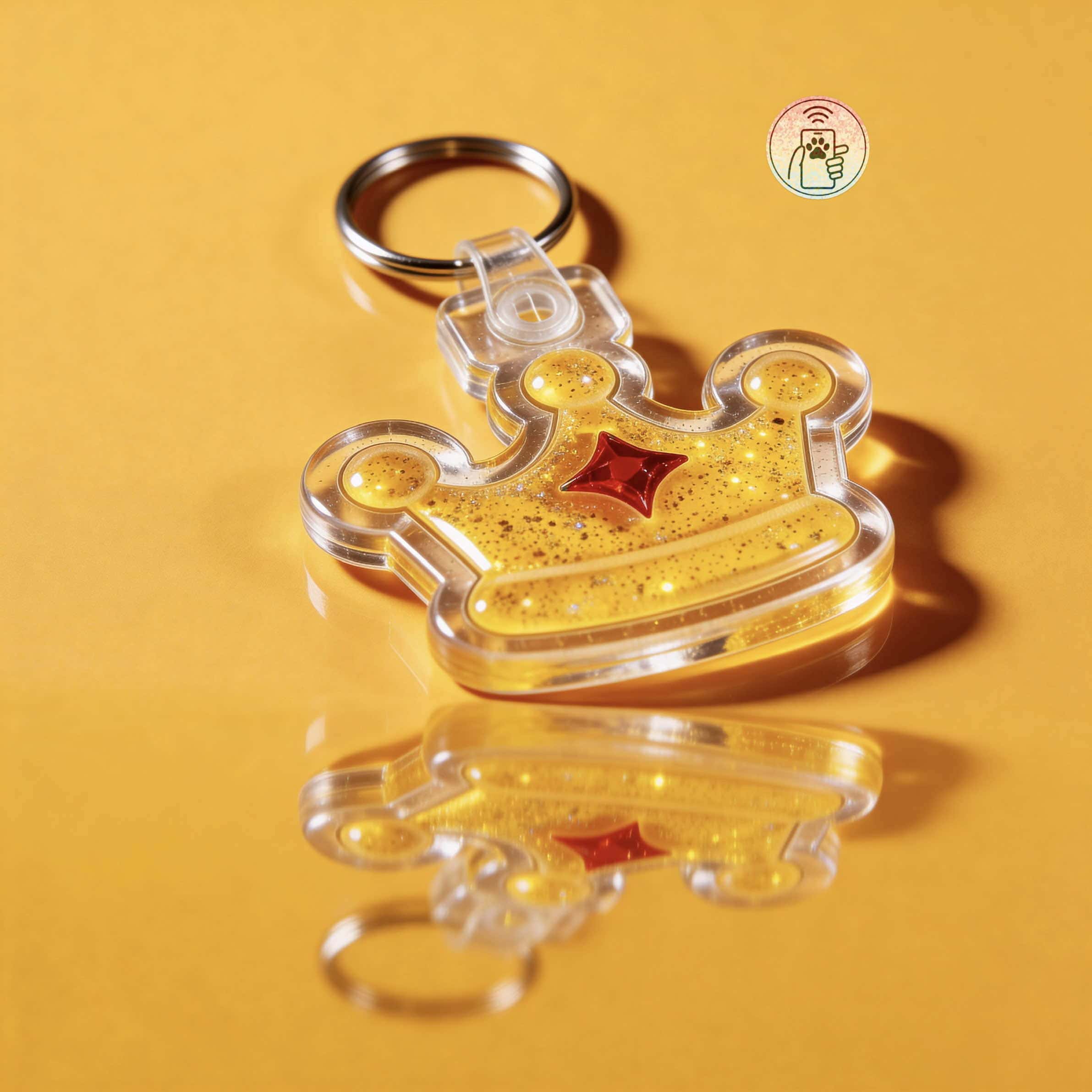NFC pet ID tag shaped like a crown with glitter, designed for dogs and cats.