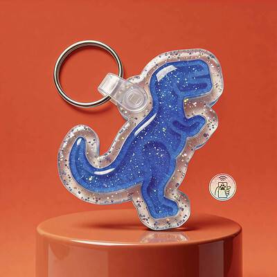 Blue glitter dinosaur-shaped NFC pet ID tag with keyring for dogs and cats.