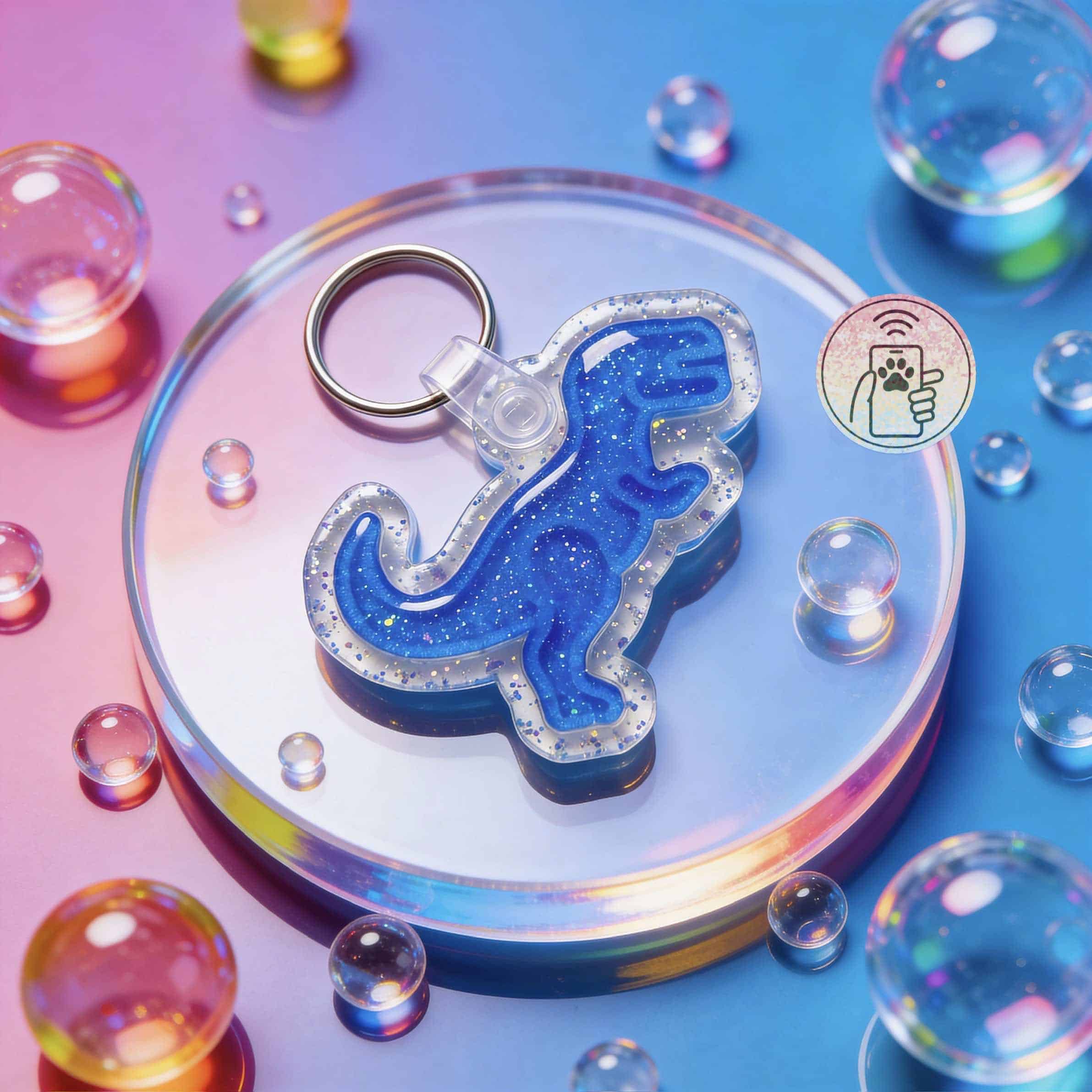 NFC pet ID tag shaped like a dog, designed for dogs and cats, with a colorful, playful background.
