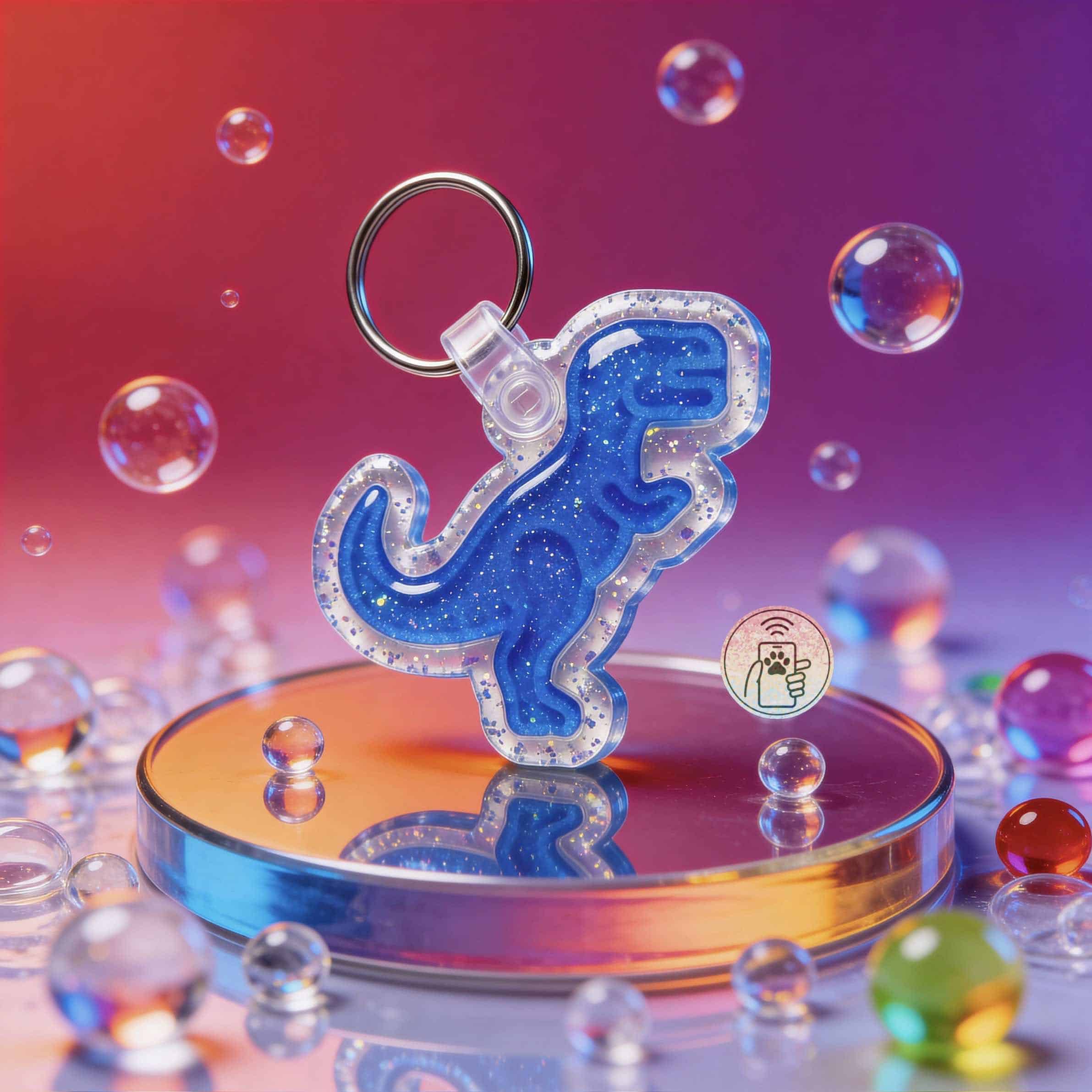Blue dinosaur-shaped NFC pet ID tag with glitter, perfect for dogs and cats.