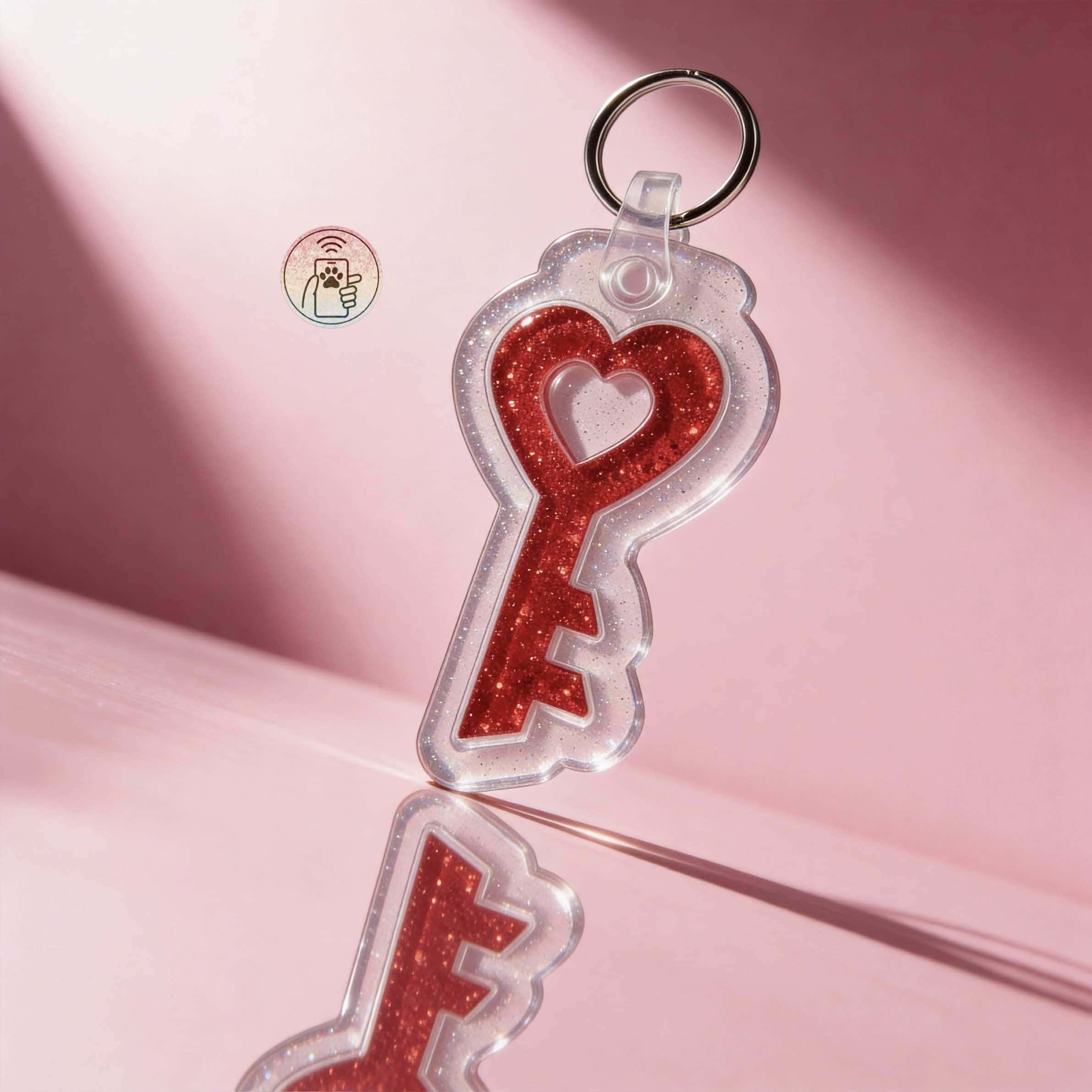 Key-shaped NFC pet ID tag with red glitter, ideal for pet identification on dogs and cats.