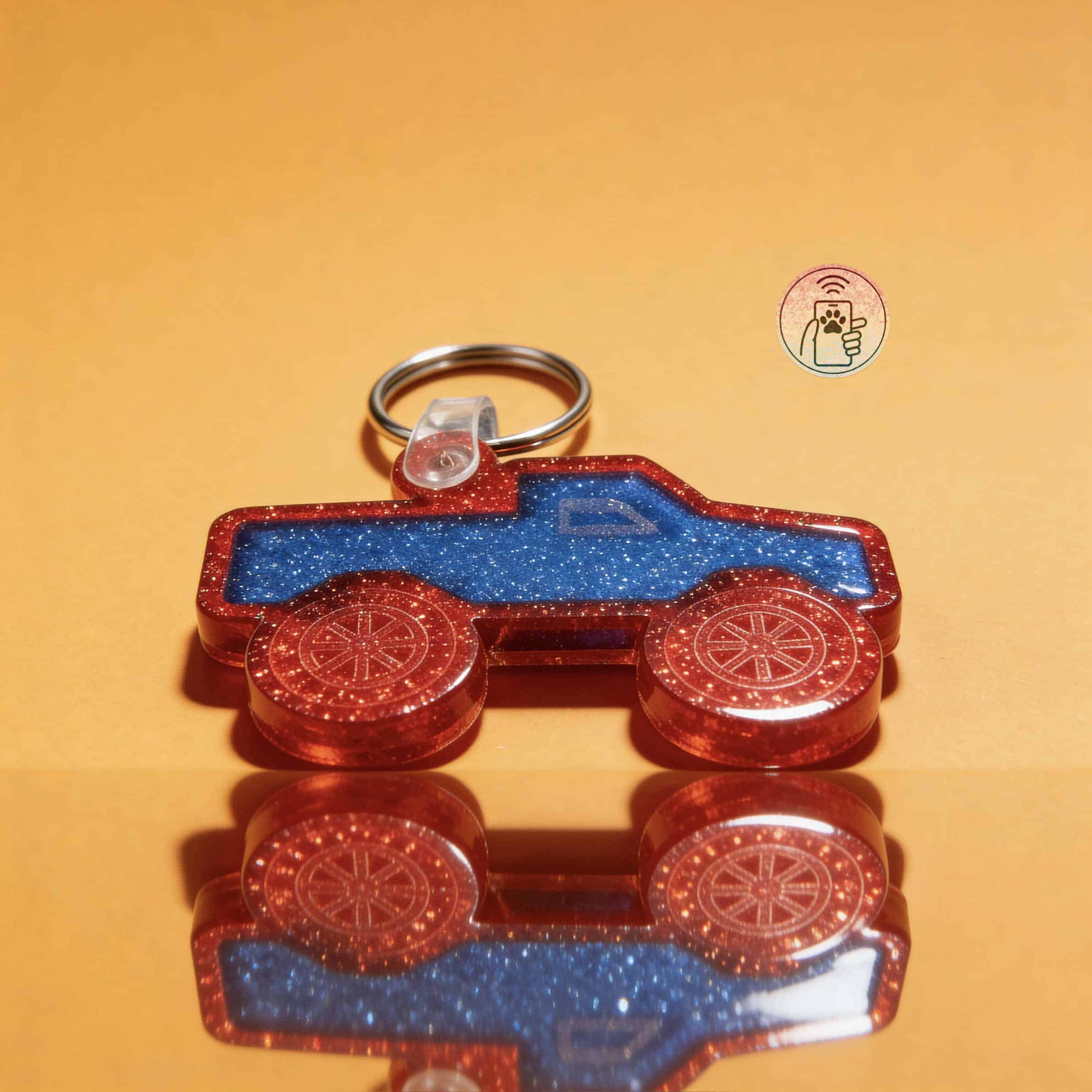 Red and blue car-shaped NFC pet ID tag with glitter finish for dogs and cats.