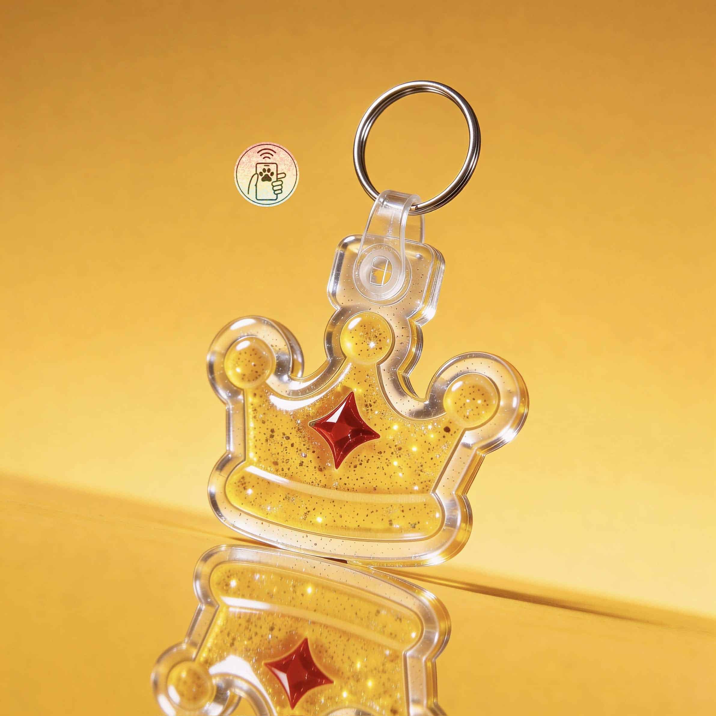 NFC pet ID tag shaped like a crown with glitter and red accents, designed for dogs and cats.