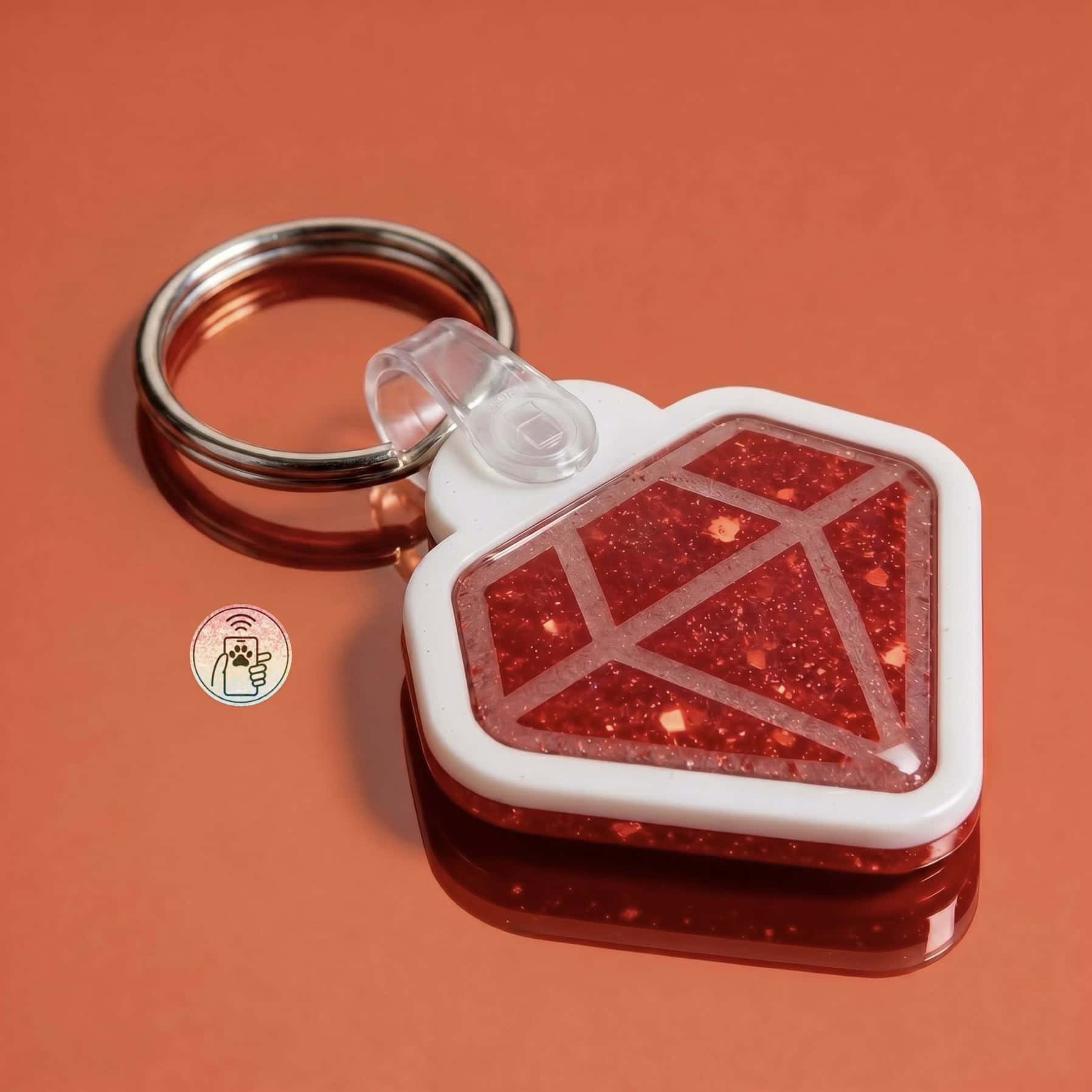 Sparkly red heart-shaped NFC pet ID tag with white border and keyring.