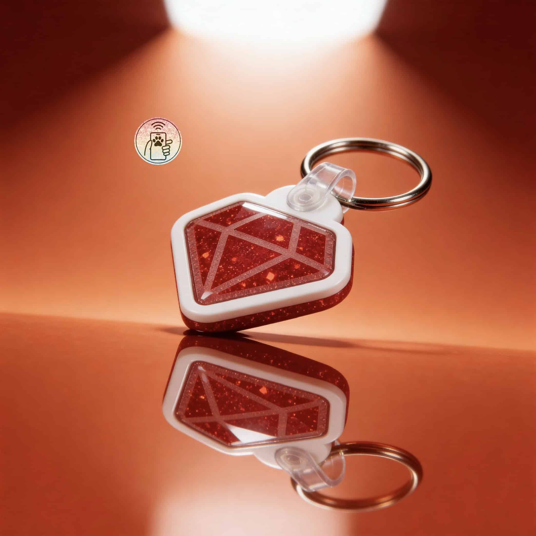 Red heart-shaped NFC pet ID tag with white border and keyring, reflective surface on a pink backgrou.