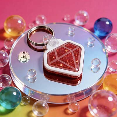 Red glitter diamond-shaped NFC pet ID tag on a reflective surface with colorful beads around.