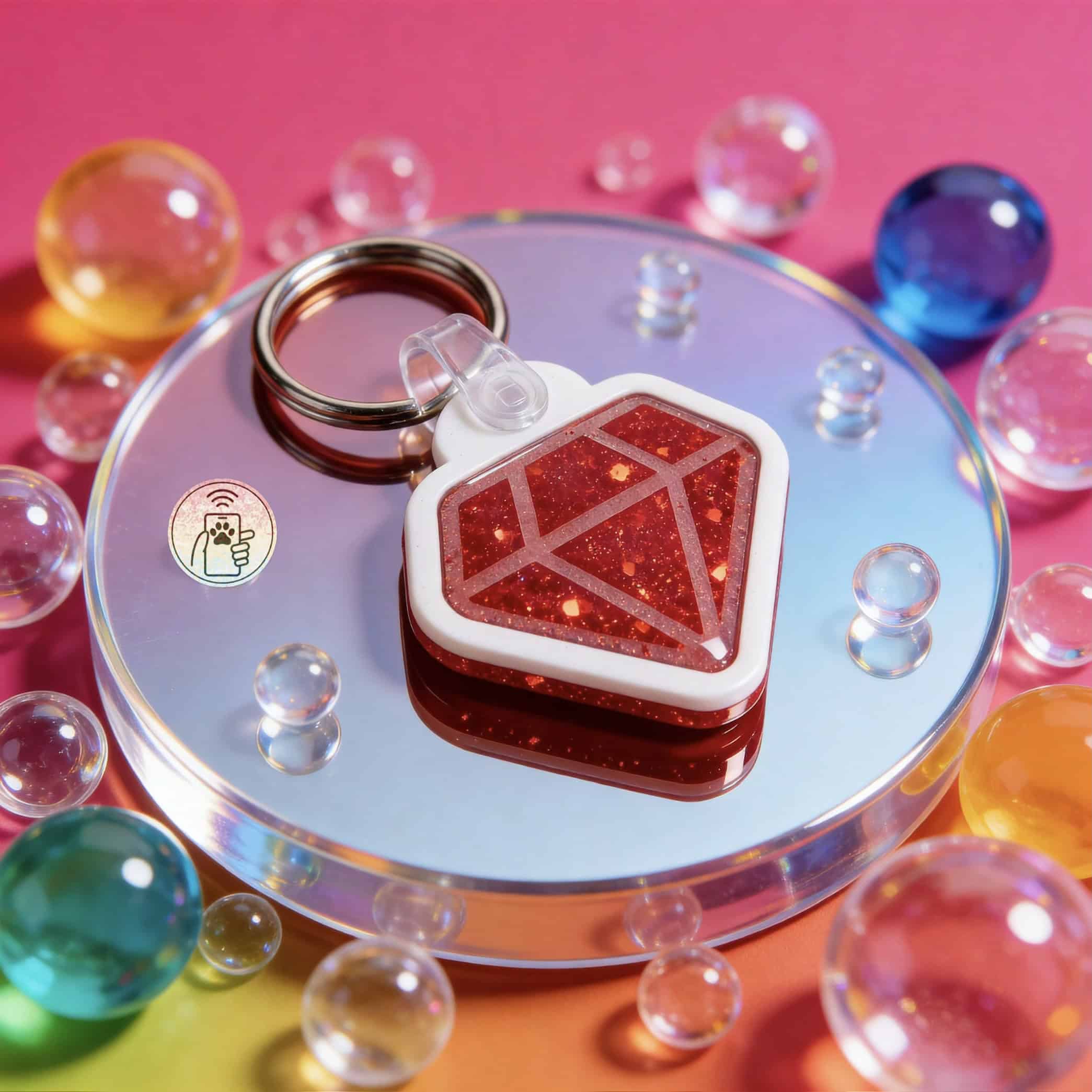 Red glitter diamond-shaped NFC pet ID tag on a reflective surface with colorful beads around.