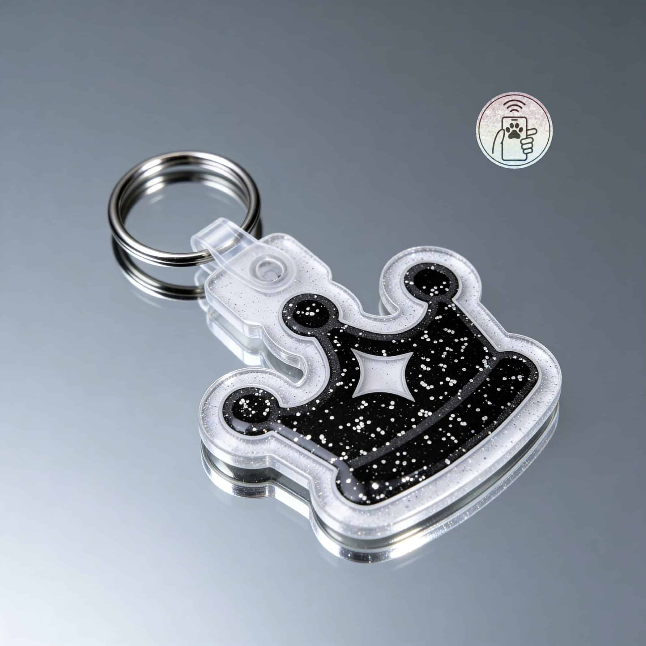 NFC pet ID tag shaped like a crown with starry design for dogs and cats.