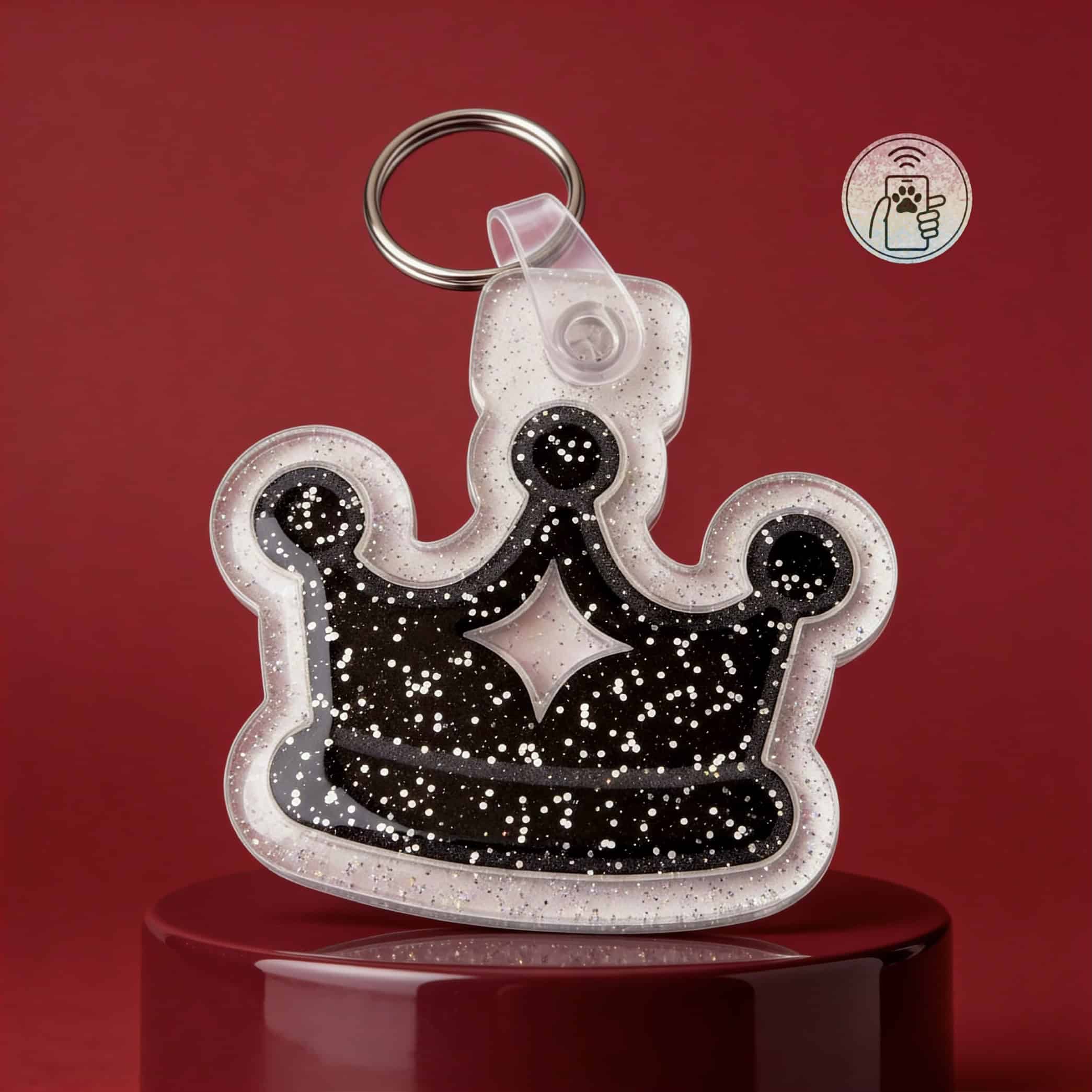 Glittery crown-shaped NFC pet ID tag for dogs and cats with keyring attachment.