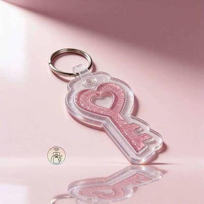 Keychain featuring a pink glittery female symbol with a heart cutout.