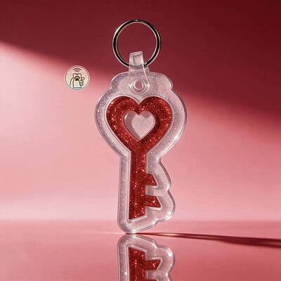 NFC pet ID tag featuring a heart and key design with glittery red accents, ideal for pet identificat.