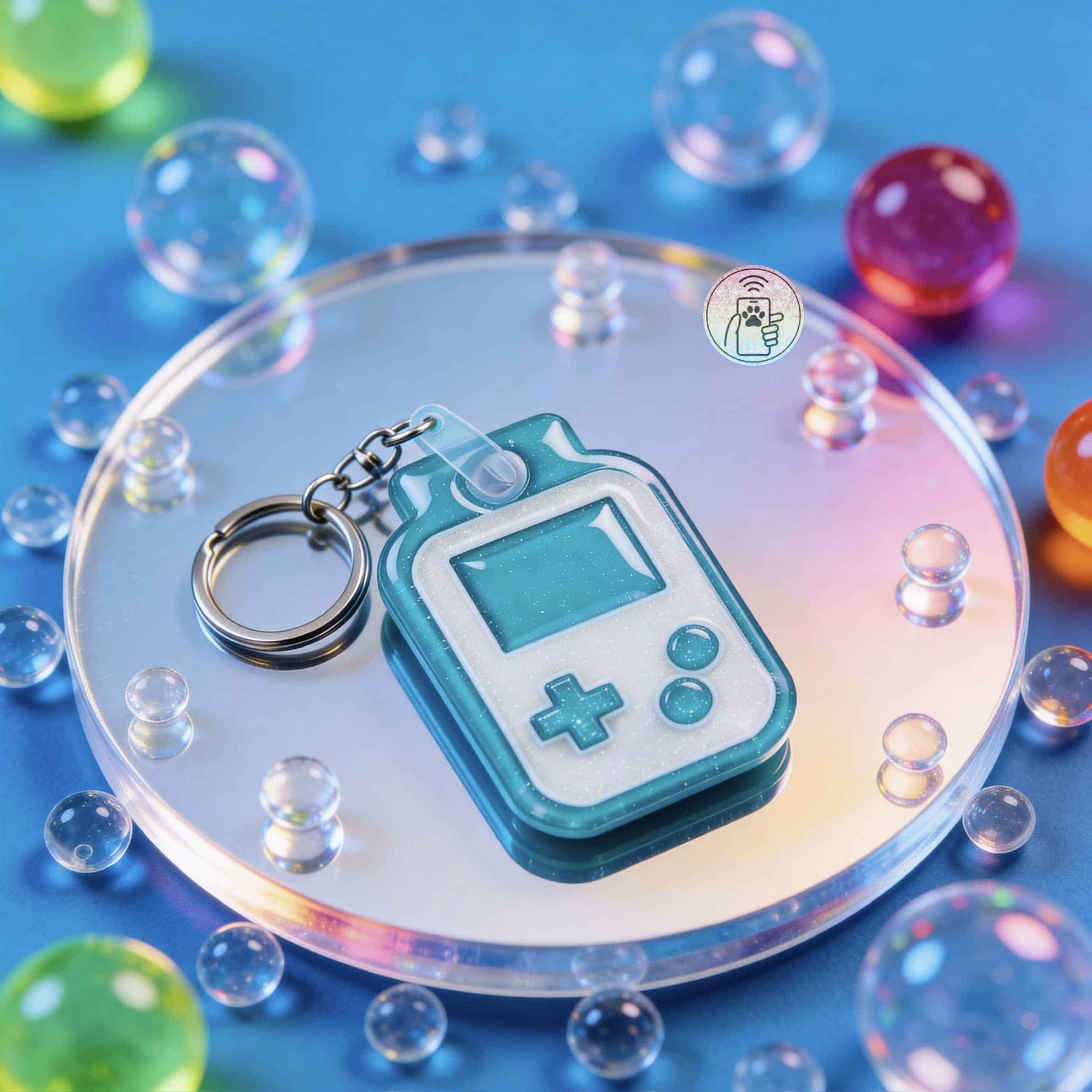NFC pet ID tag shaped like a handheld game console with keychain, ideal for dogs and cats.