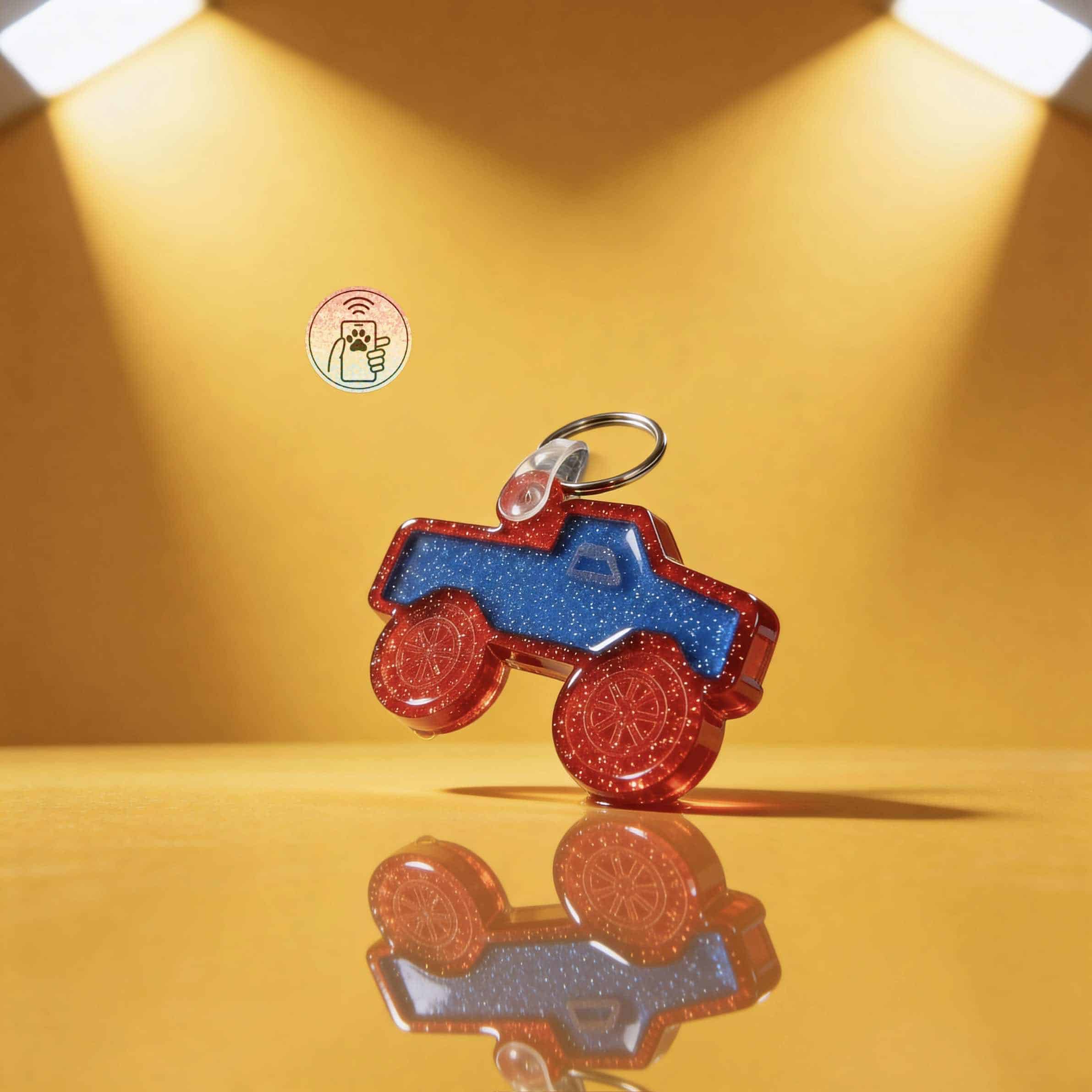 NFC pet ID tag shaped like a colorful truck for dogs and cats. Durable acrylic with smart technology.