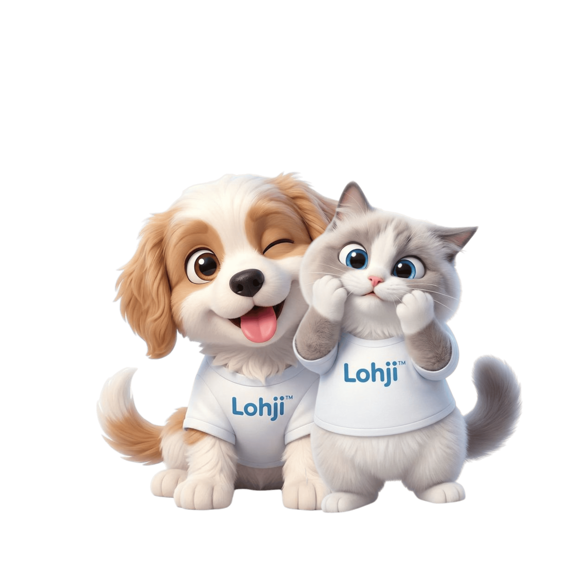 Adorable dog and cat with matching Lohji shirts, promoting pet safety and stylish identification.