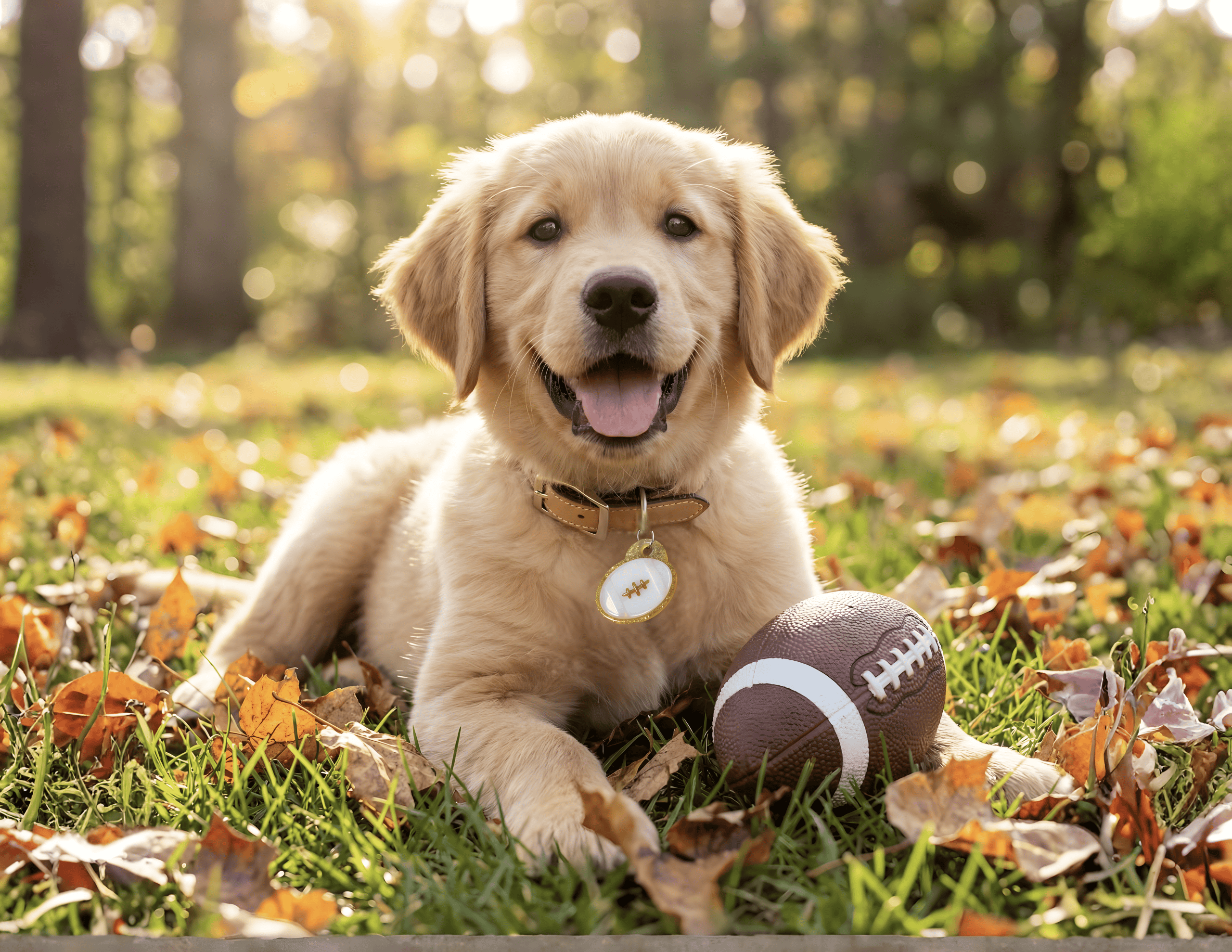 Marcus's golden retriever puppy with the football smart pet tag