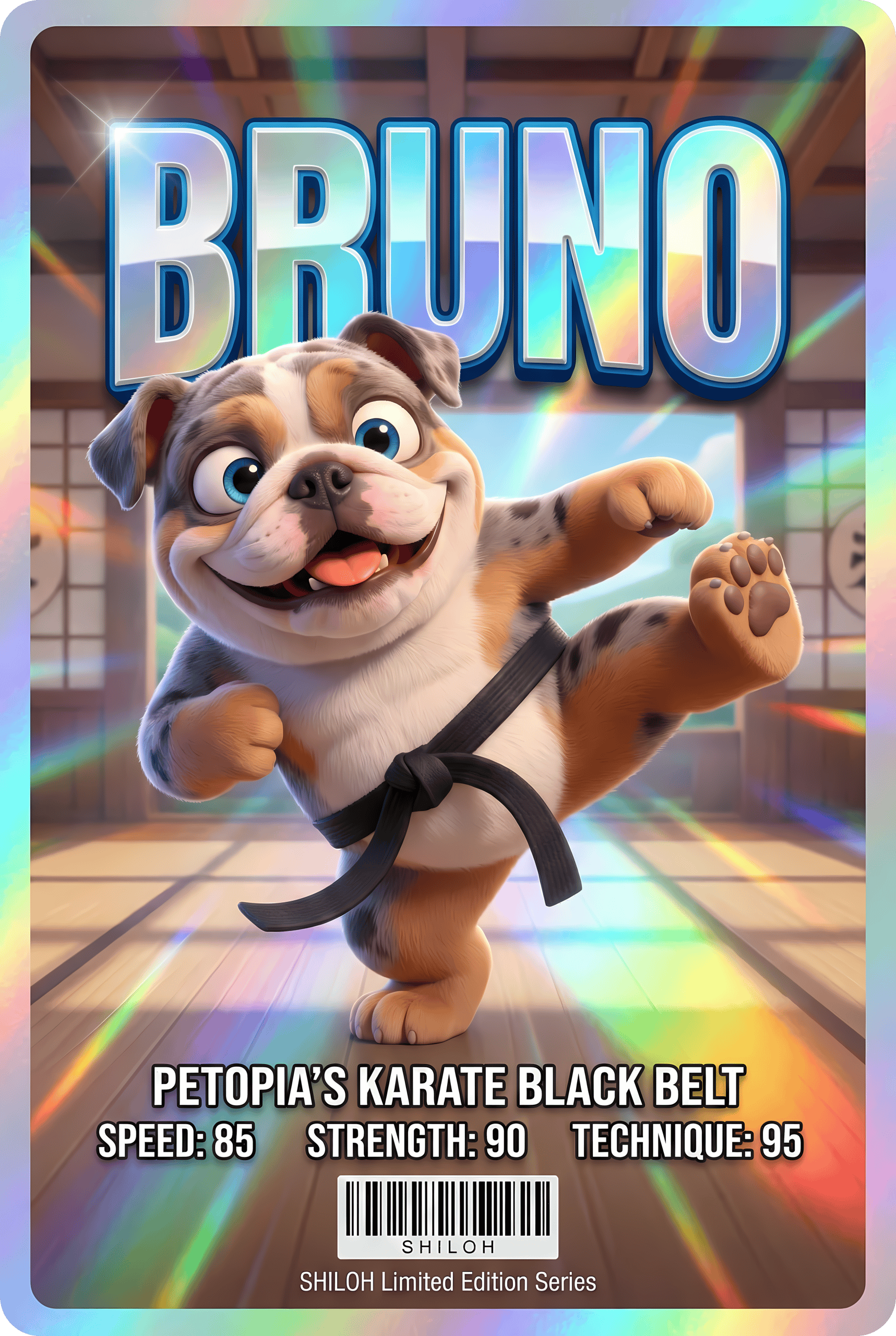 Adorable cartoon dog with karate belt, colorful background, and dynamic pose.