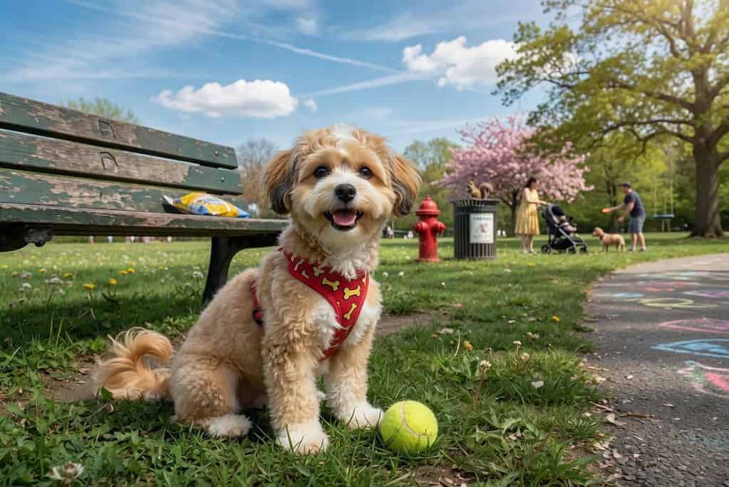 Adorable small dog wearing a red harness sitting on grass in a park with people, trees, and a bench.