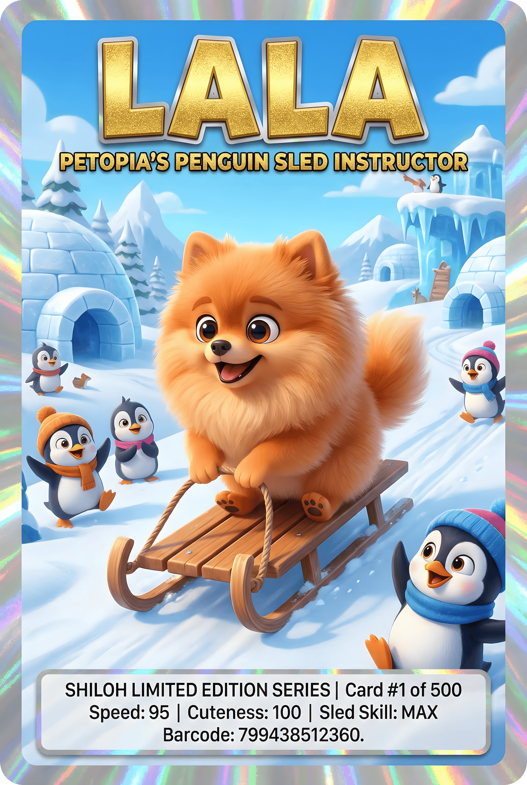 Cute Pomeranian on sled with penguins in icy landscape.