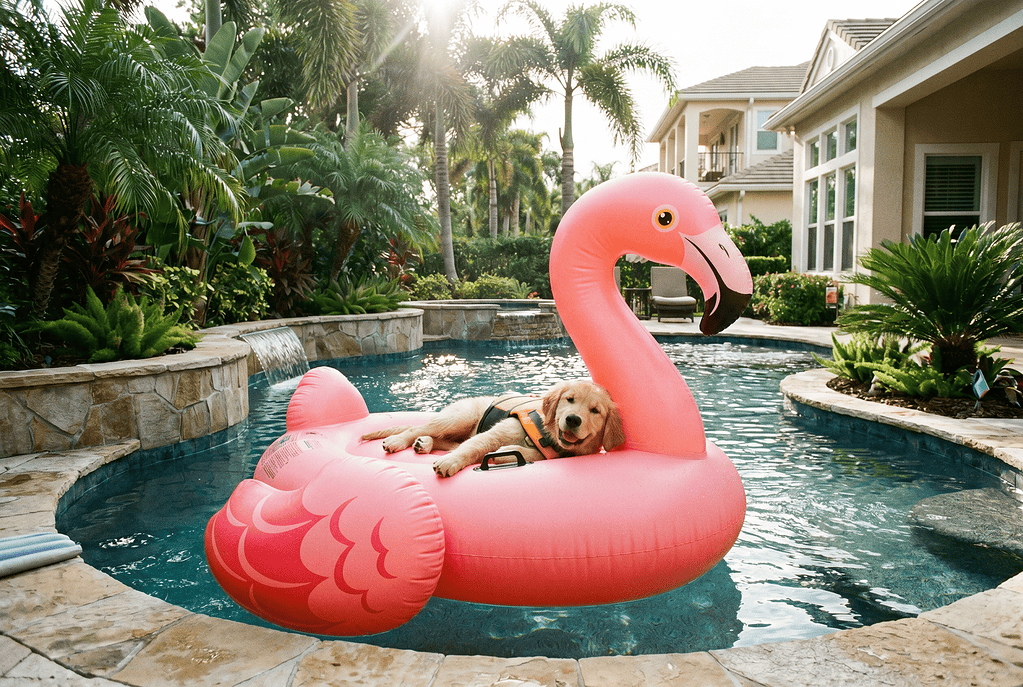 Pink flamingo-shaped pool float with a dog relaxing on it in a backyard pool setting.
