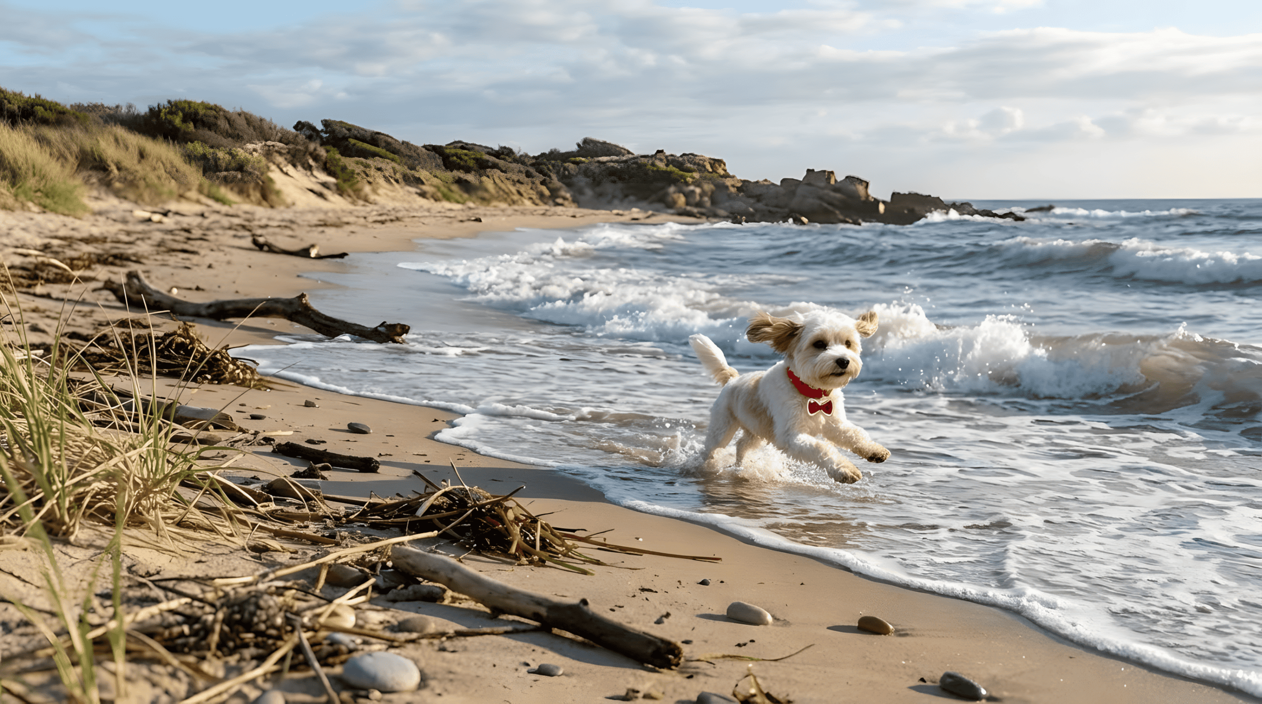 Dog enjoying the seaside with waves splashing around.
