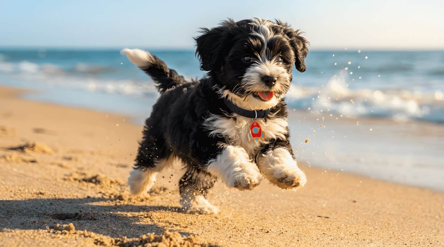 Adorable black and white dog running on sandy beach near the water.