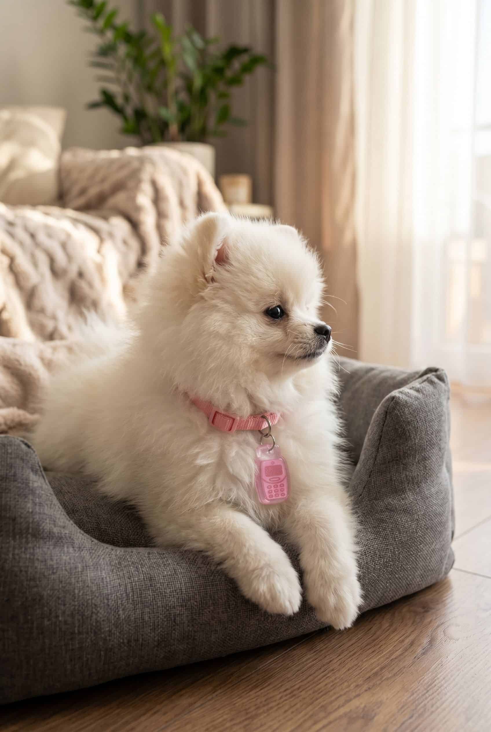 Sugar wearing the 90's phone smart pet tag from Shiloh's House