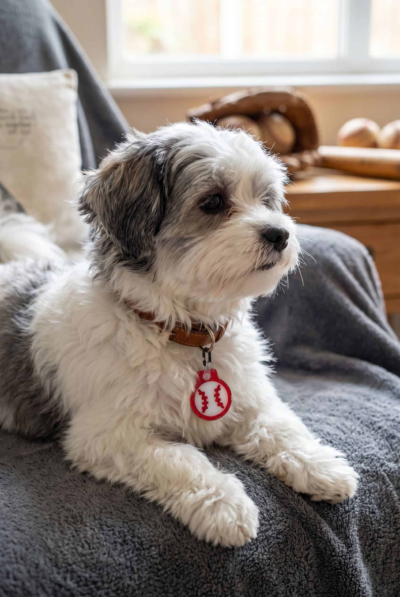 Jax wearing the baseball smart pet tag from Shiloh's House