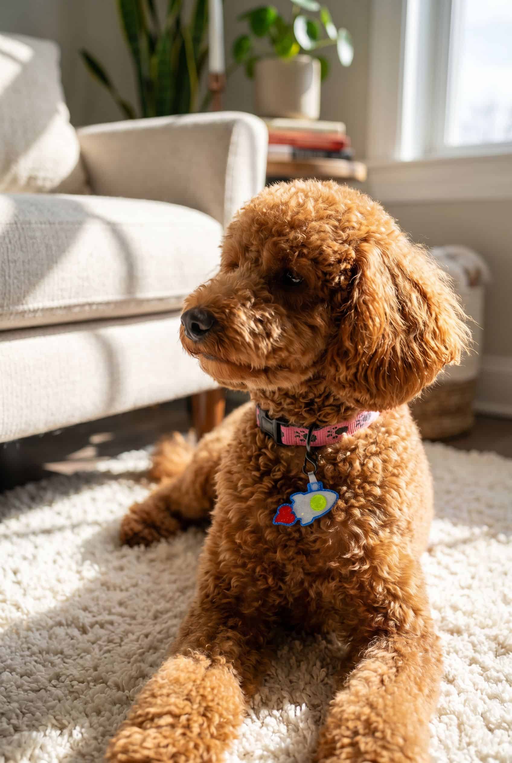 Bright gummy bear-shaped NFC pet ID tag on a brown poodle.