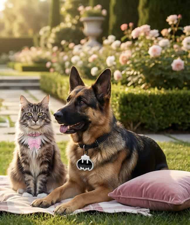 Alex's cat in a pink bow tag and German shepherd in a batman smart pet tag together