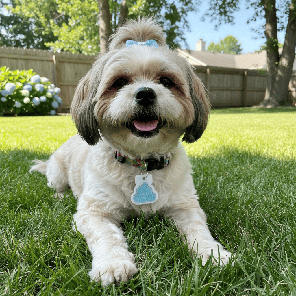 Hannah's shih tzu wearing the blue glitter poop emoji smart pet tag in the backyard