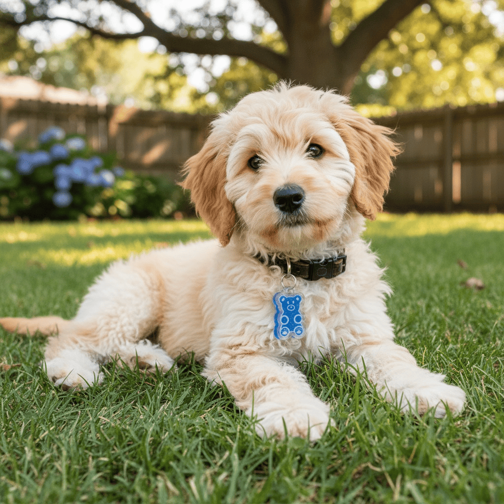 Brittany's Australian shepherd wearing the red gummy bear smart pet tag