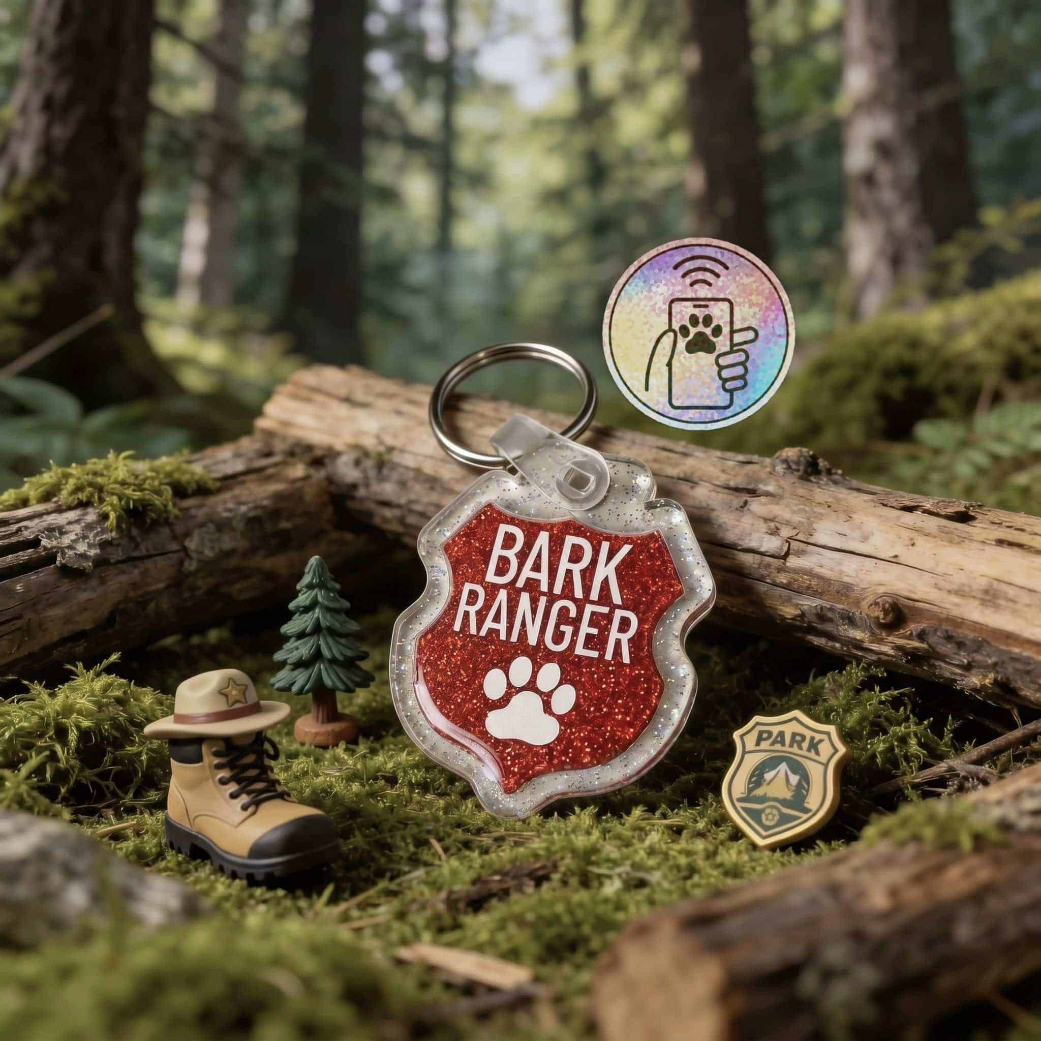 Dog ID tag with Bark Ranger design, NFC pet tag for dogs, in a forest scene.