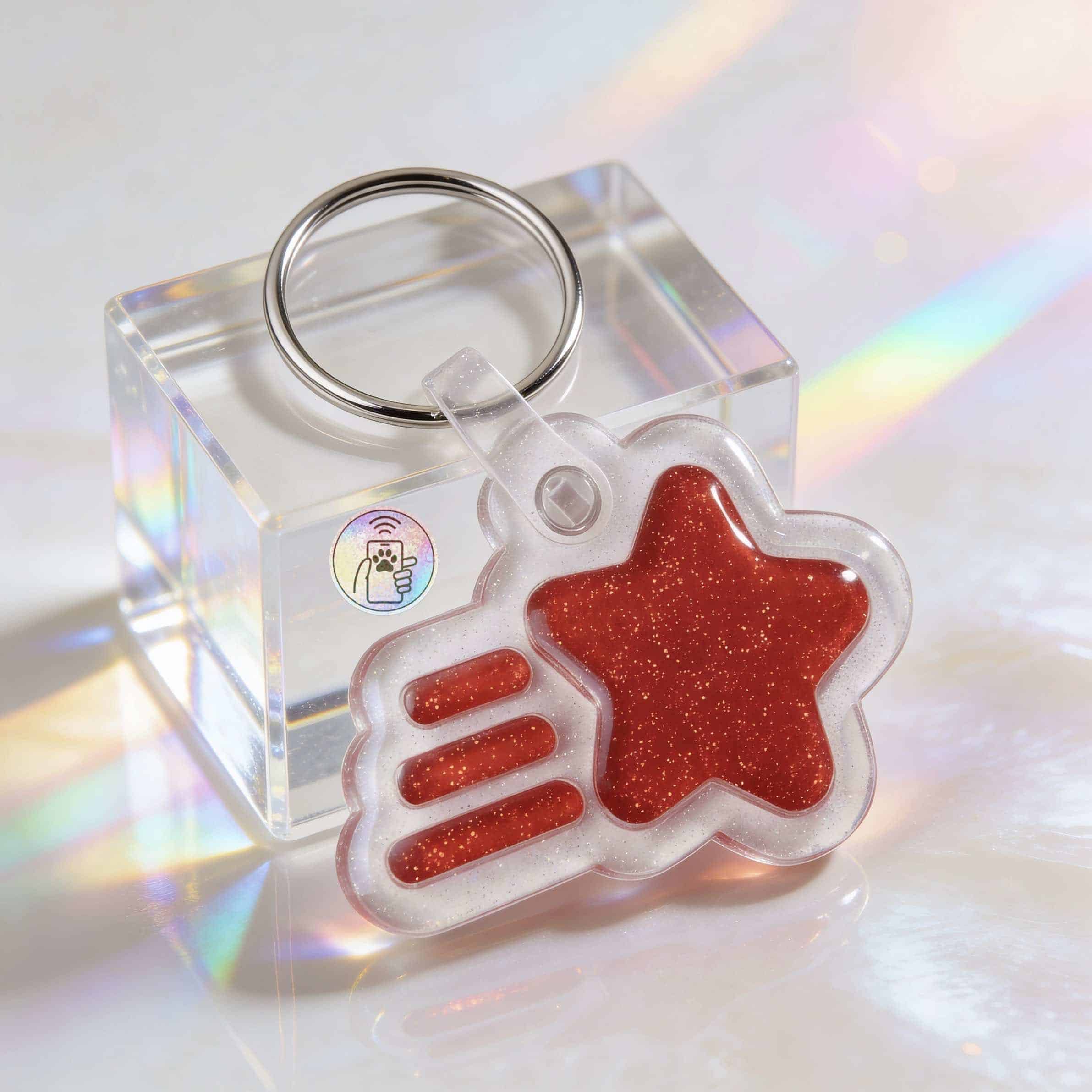Pet ID tag in star shape with red glitter finish for dogs and cats — Shiloh's House smart NFC pet tag with free companion Lohji app.