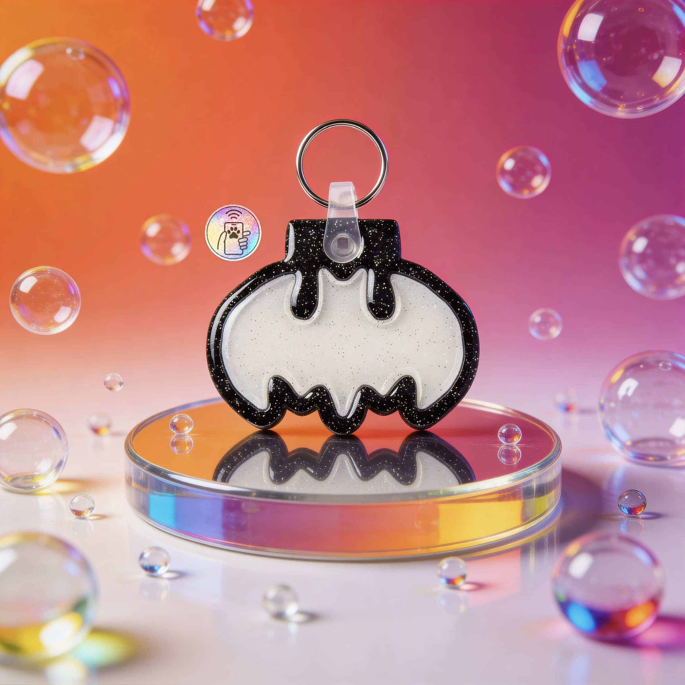 NFC pet ID tag shaped like a bat with glittery black and white acrylic, perfect for dogs and cats — Shiloh's House smart NFC pet tag with free companion Lohji app.