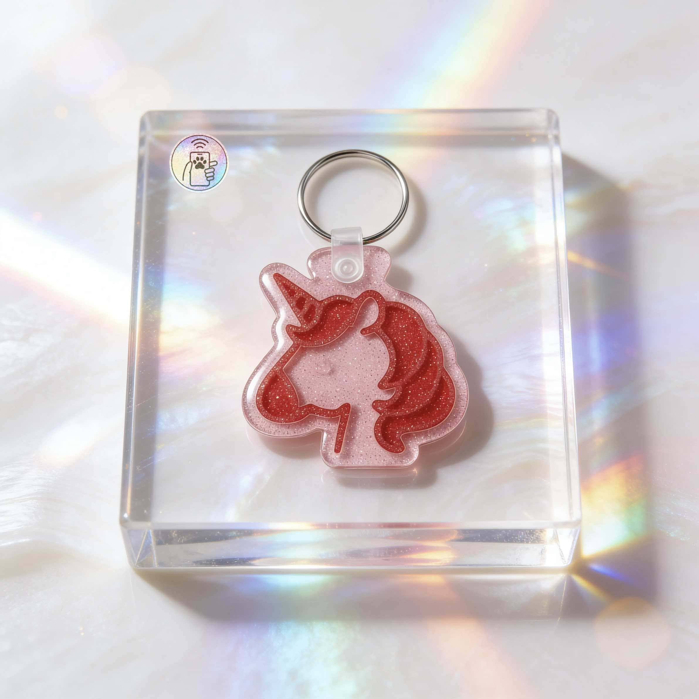 Unicorn-shaped NFC pet ID tag with glitter, perfect for dogs and cats — Shiloh's House smart NFC pet tag with free companion Lohji app.
