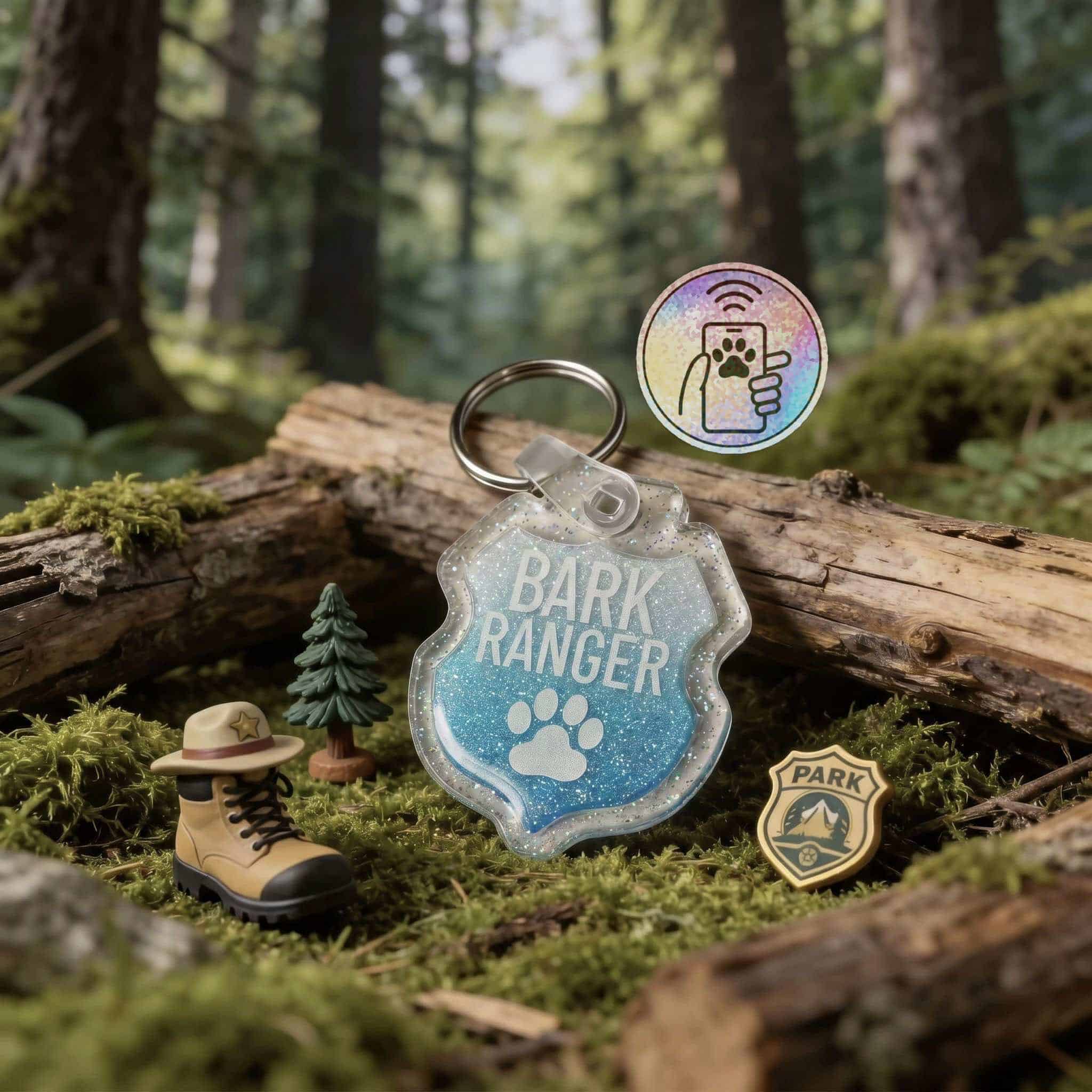 Dog ID tag with "Bark Ranger" text and paw print, in a glittery acrylic shape.
