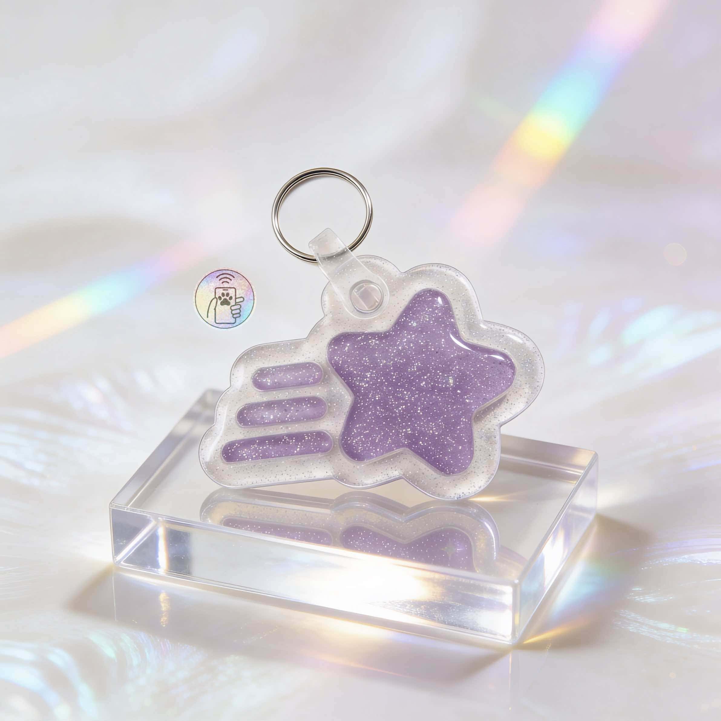 Clear acrylic star-shaped pet ID tag with purple glitter, attached to a keyring, displayed on a refl — Shiloh's House smart NFC pet tag with free companion Lohji app.
