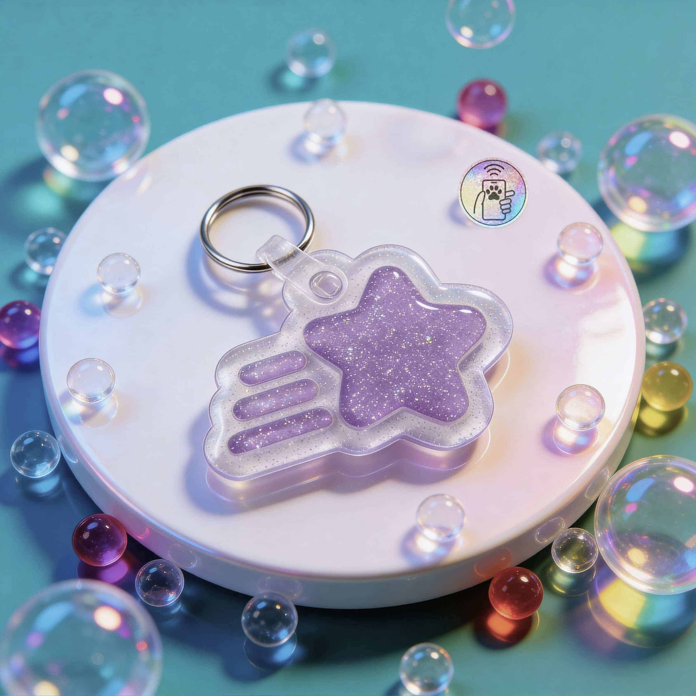 NFC pet ID tag in a star shape with glitter, designed for dogs and cats — Shiloh's House smart NFC pet tag with free companion Lohji app.