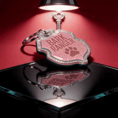 Pet ID tag shaped like a shield with "Bark Ranger" text and paw print, on a reflective surface under — Shiloh's House smart NFC pet tag with free companion Lohji app.