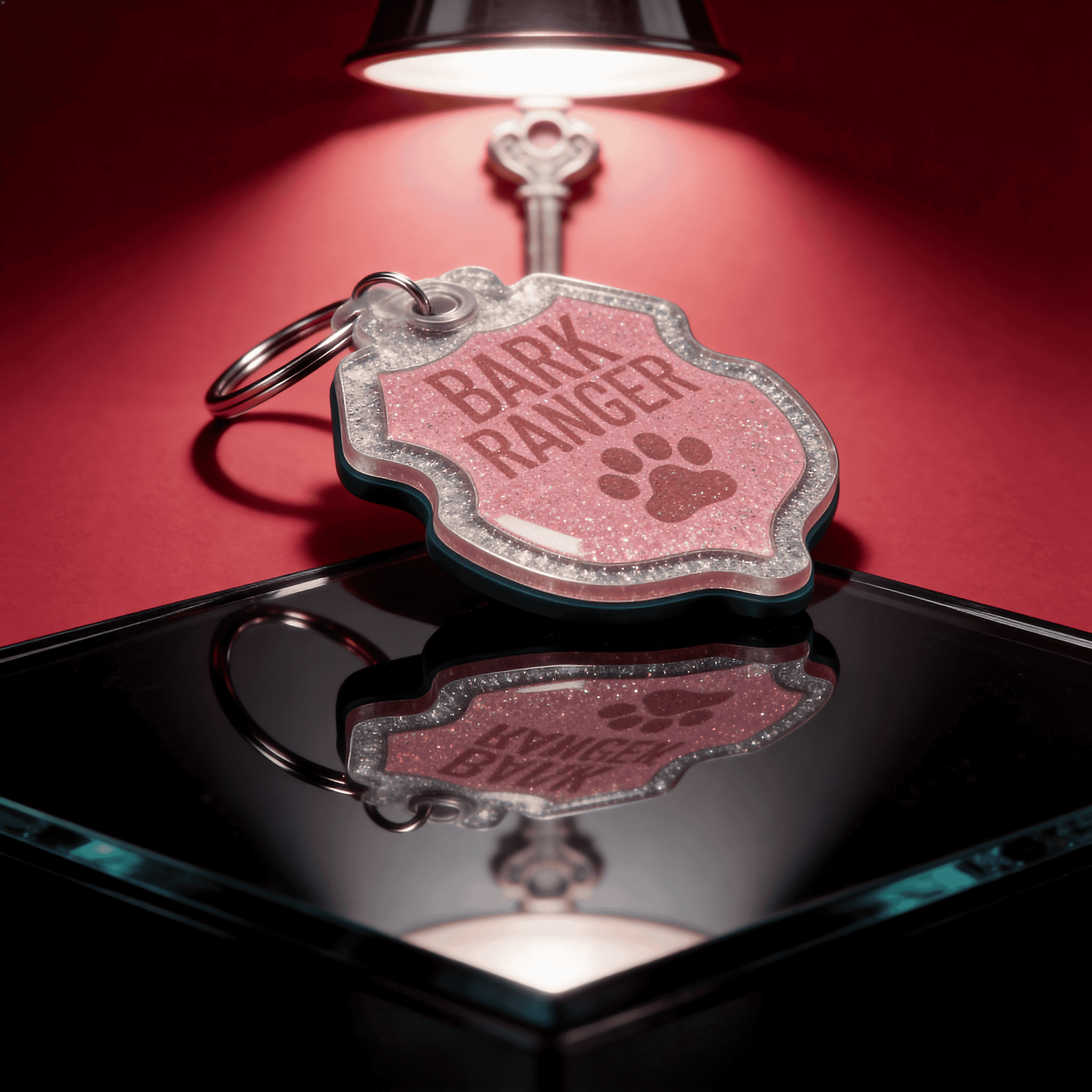 Pet ID tag shaped like a shield with "Bark Ranger" text and paw print, on a reflective surface under — Shiloh's House smart NFC pet tag with free companion Lohji app.