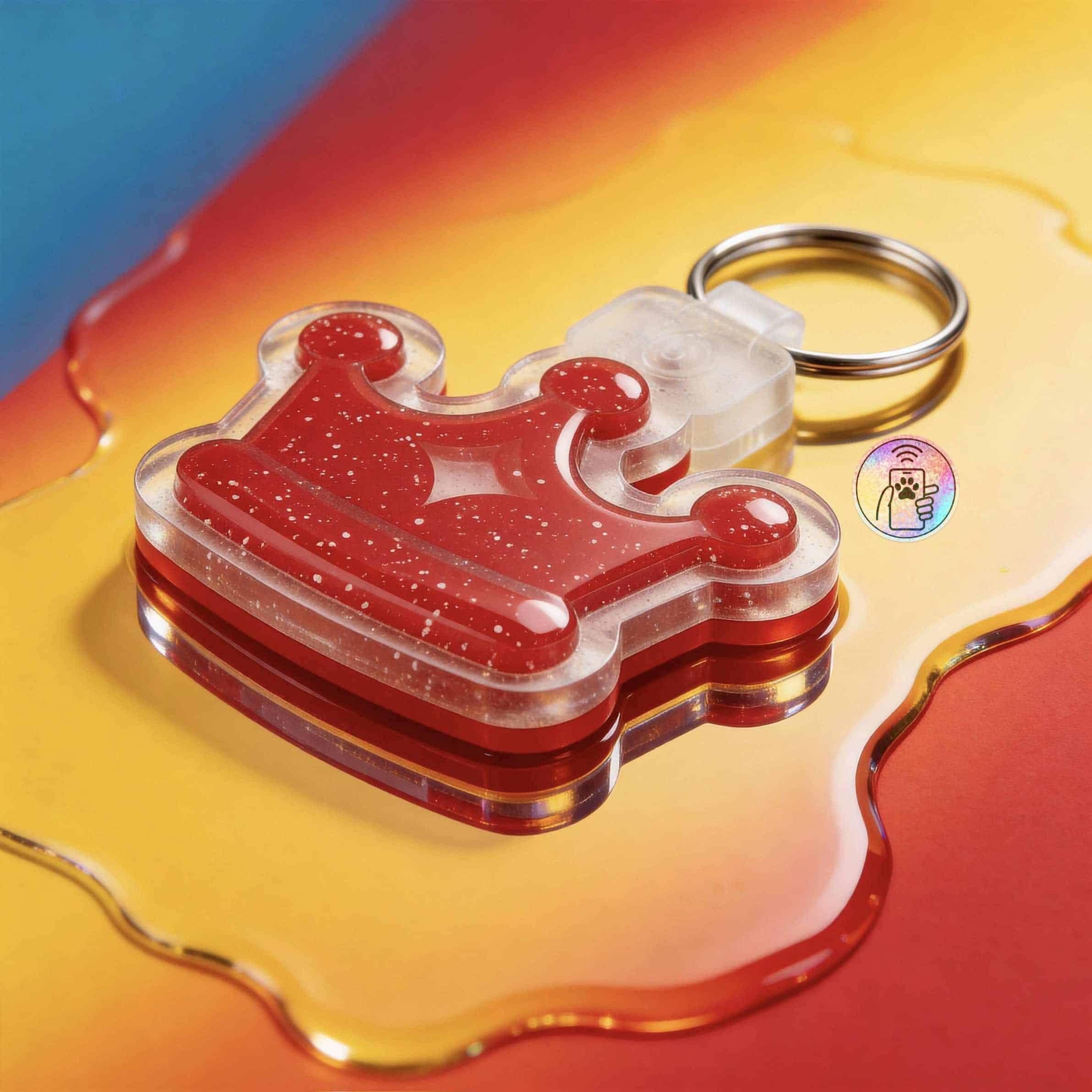 NFC pet ID tag in crown shape for dogs and cats, with contact info — Shiloh's House smart NFC pet tag with free companion Lohji app.