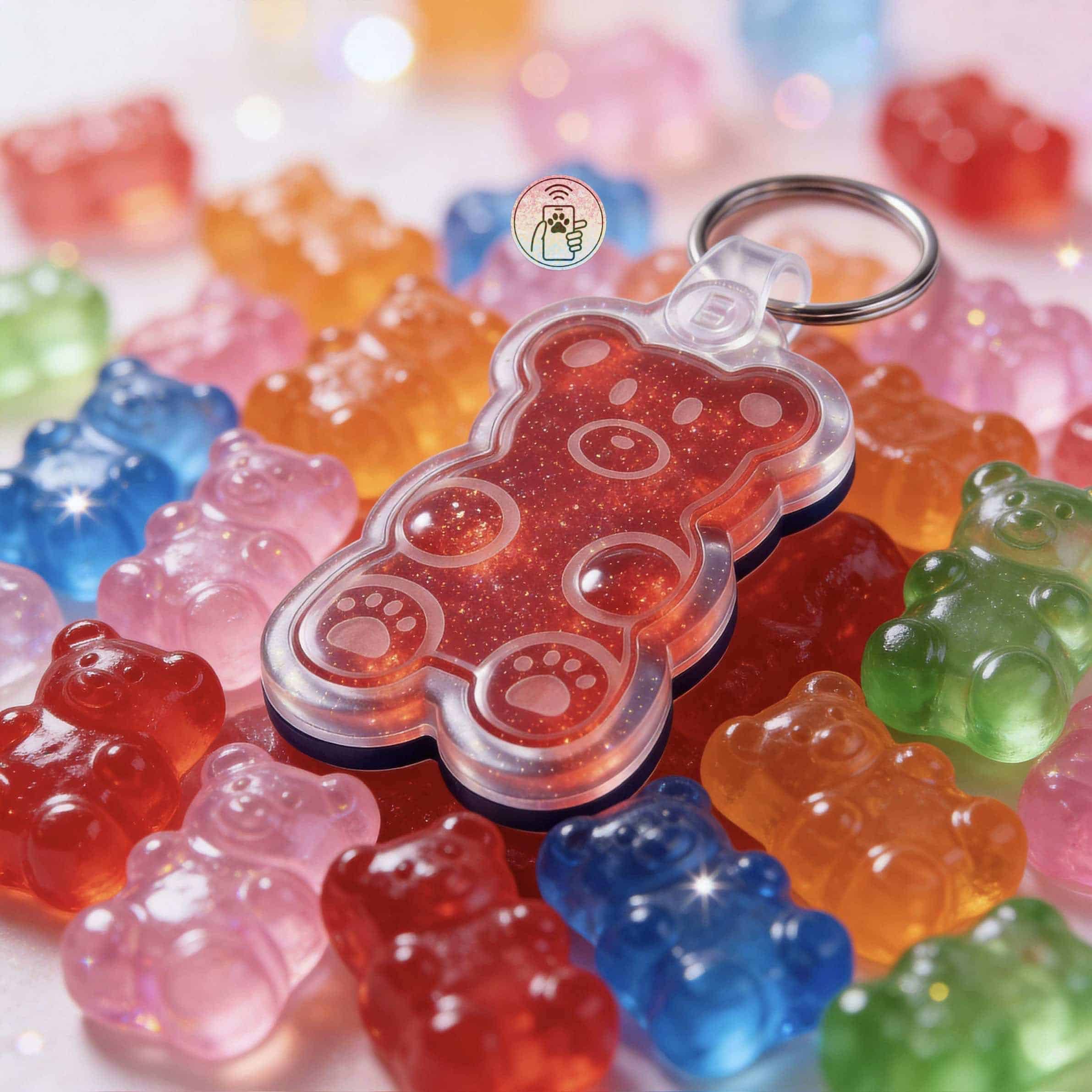 NFC pet ID tag shaped like a gummy bear with a keyring, among colorful gummy bear charms for dogs an — Shiloh's House smart NFC pet tag with free companion Lohji app.