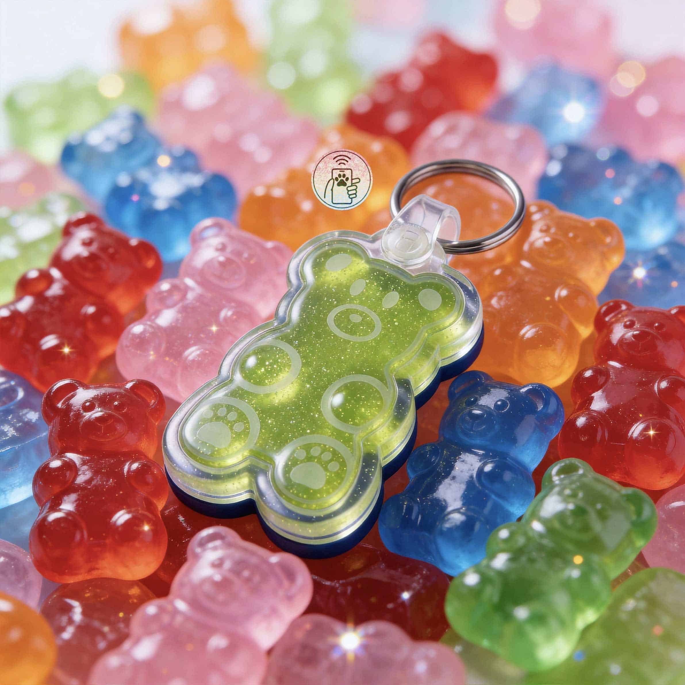 Green teddy bear-shaped NFC pet ID tag with contact info, surrounded by colorful gummy bear-shaped t — Shiloh's House smart NFC pet tag with free companion Lohji app.
