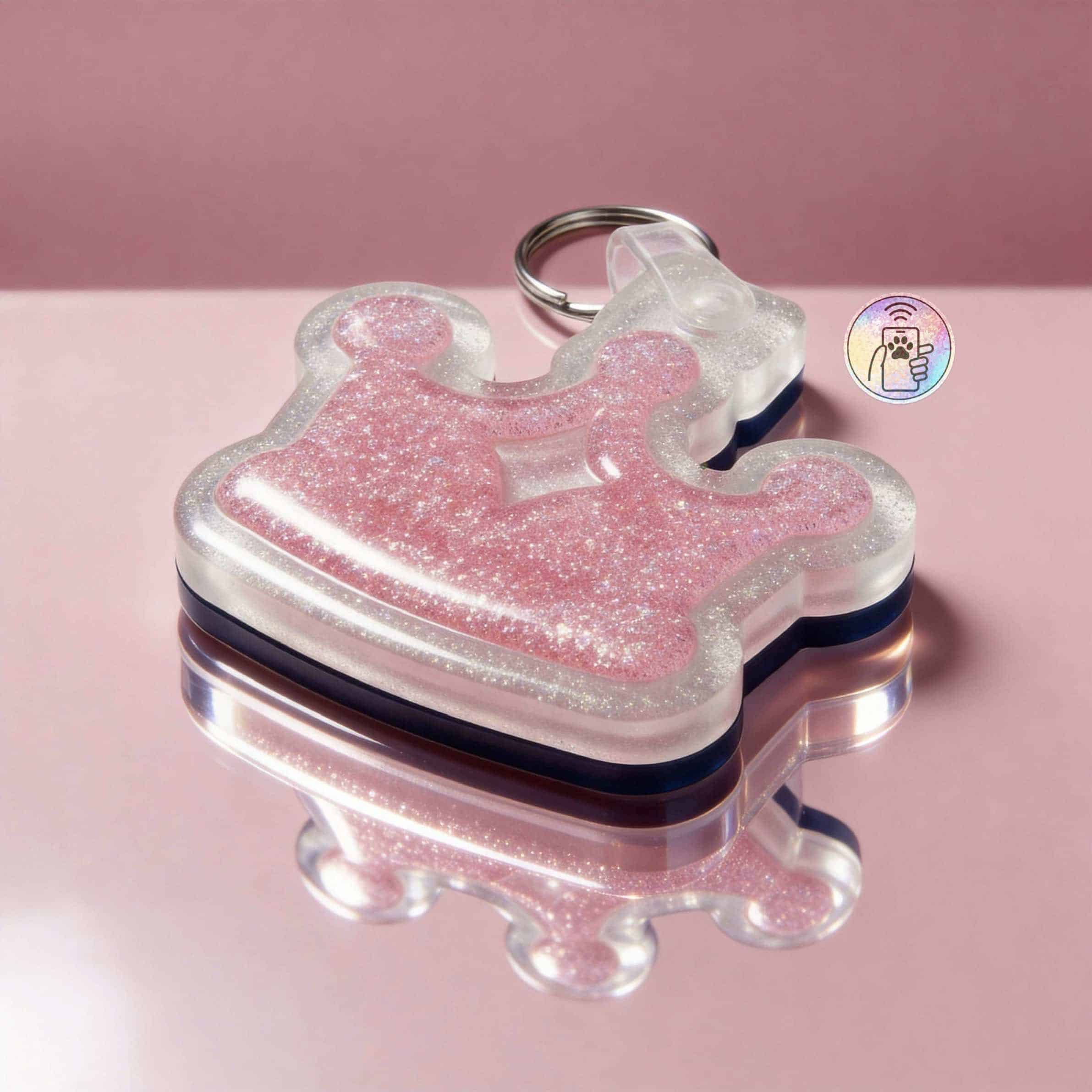 Pink glitter unicorn-shaped NFC pet ID tag with keyring for dogs and cats — Shiloh's House smart NFC pet tag with free companion Lohji app.